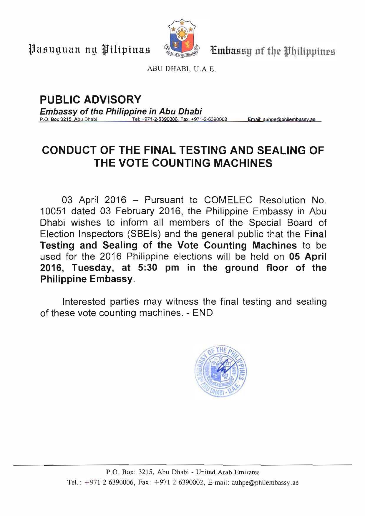 PUBLIC ADVISORY CONDUCT OF THE FINAL TESTING AND SEALING OF THE VOTE COUNTING MACHINES
