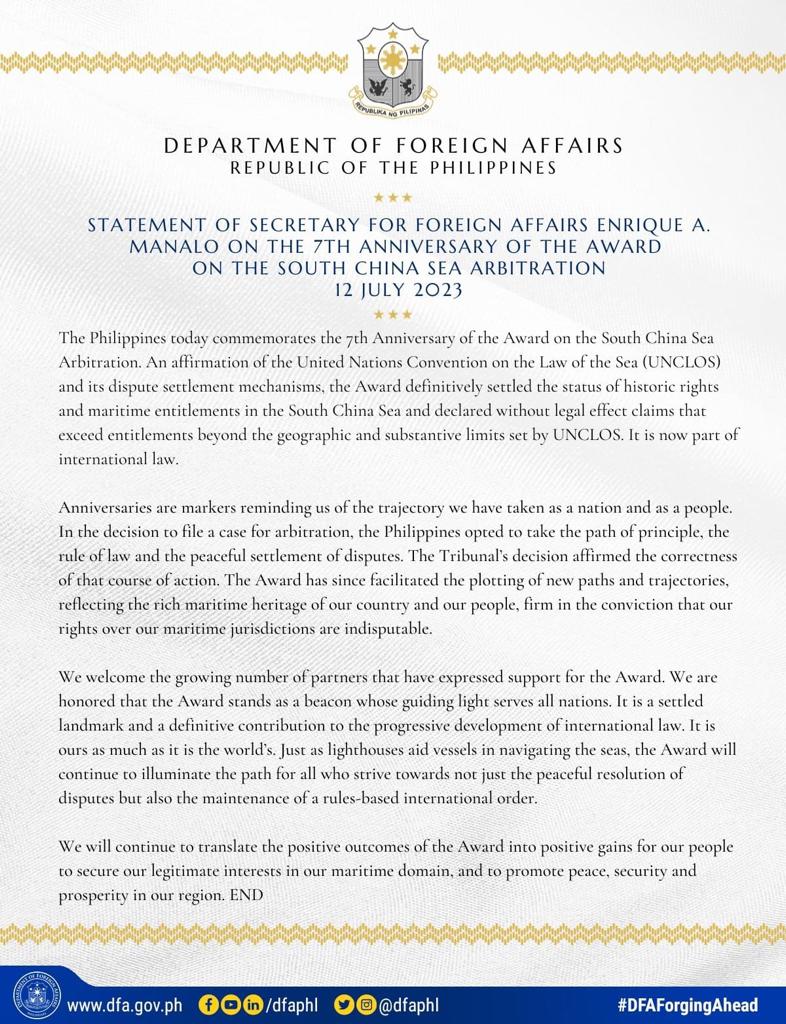 Statement of Secretary for Foreign Affairs Enrique A. Manalo on the 7th Anniversary of the Award on the South China Sea Arbitration 12 July 2023