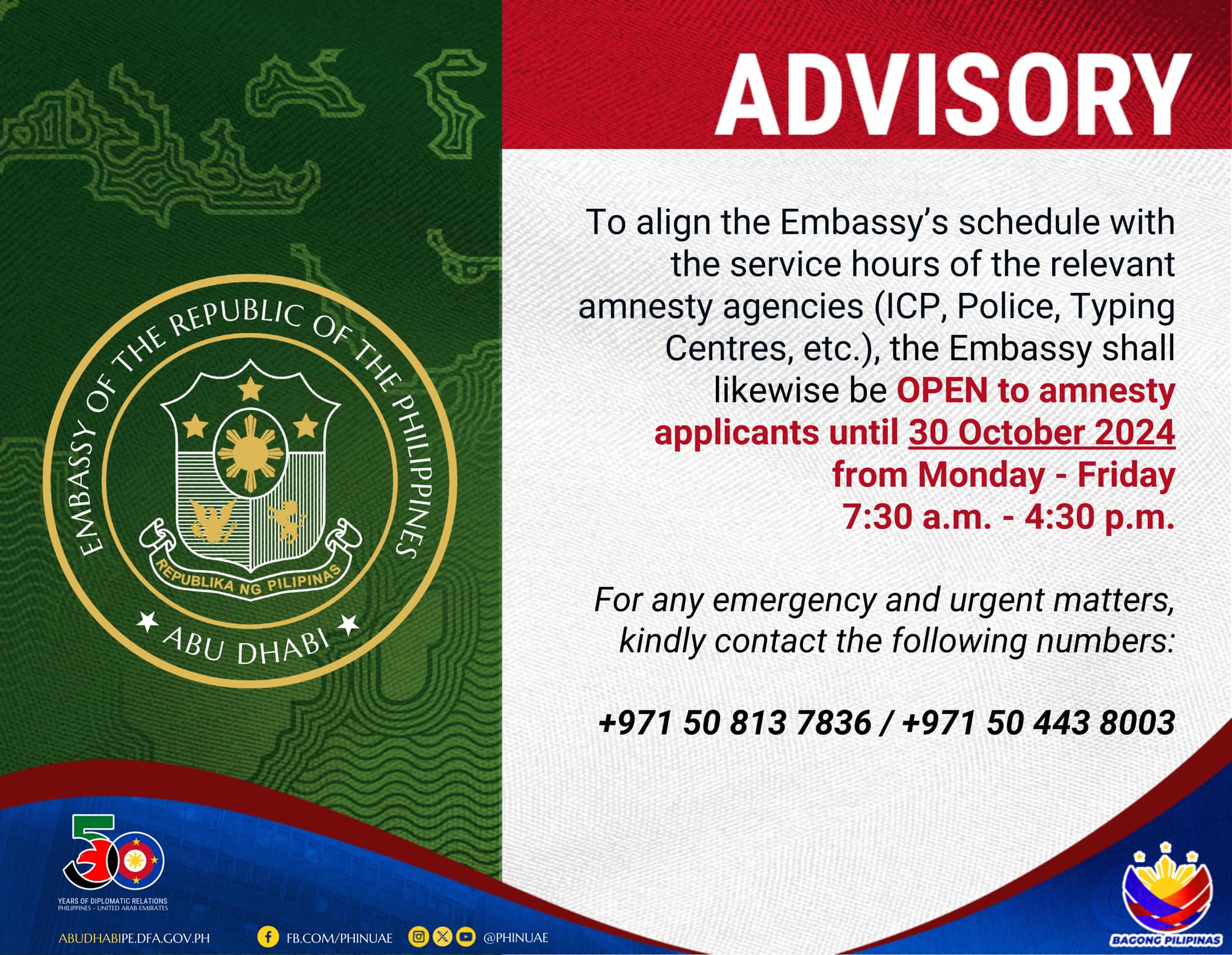 Embassy hours for the duration of the Amnesty Program