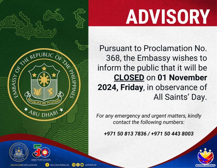 Embassy will be closed on 01 November 2024 in observance of All Saints’ Day