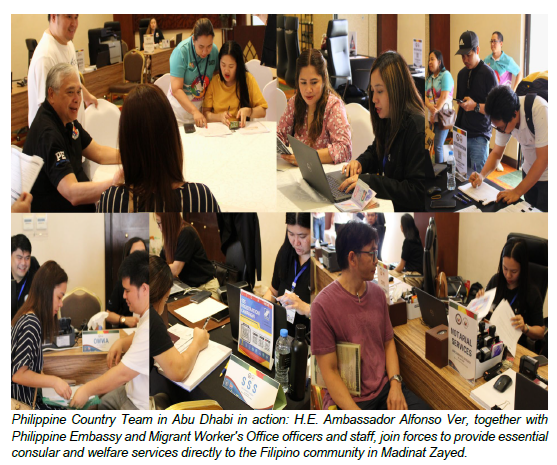 Philippine Country Team in Abu Dhabi in action: H.E. Ambassador Alfonso Ver, together with Philippine Embassy and Migrant Worker's Office officers and staff, join forces to provide essential consular and welfare services directly to the Filipino community in Madinat Zayed.