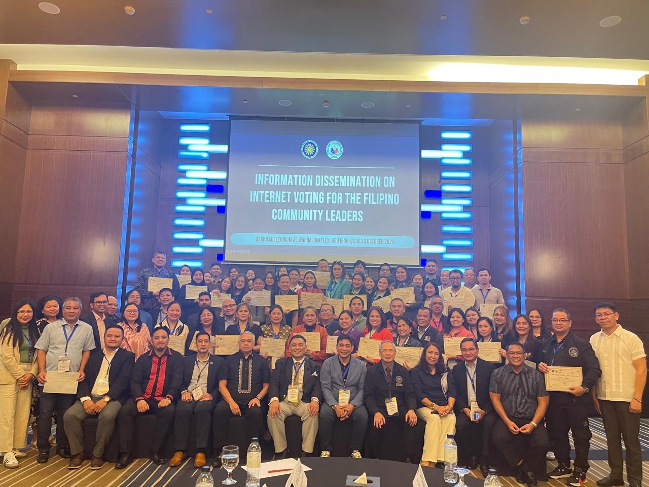 More than 50 Filipino community and organization leaders based in Abu Dhabi, UAE participated in Day 2 of the Training and Information Drive on Internet Voting for the Middle East and Africa (MEA) region on 26 October 2024, conducted by the COMELEC and the Department of Foreign Affairs- Overseas Voting Secretariat (DFA-OVS) in partnership with the Philippine Embassy in Abu Dhabi.  