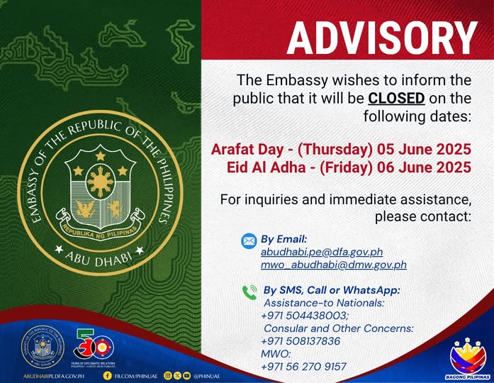 Holidays on 05 and 06 JUNE 2025 (Thursday and Friday) in observance of Arafat Day and Eid al-Adha 