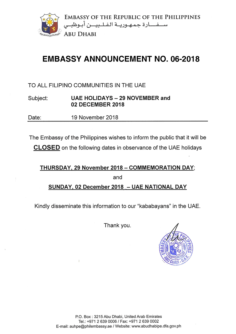 Embasssy Announcement No. 06 2018