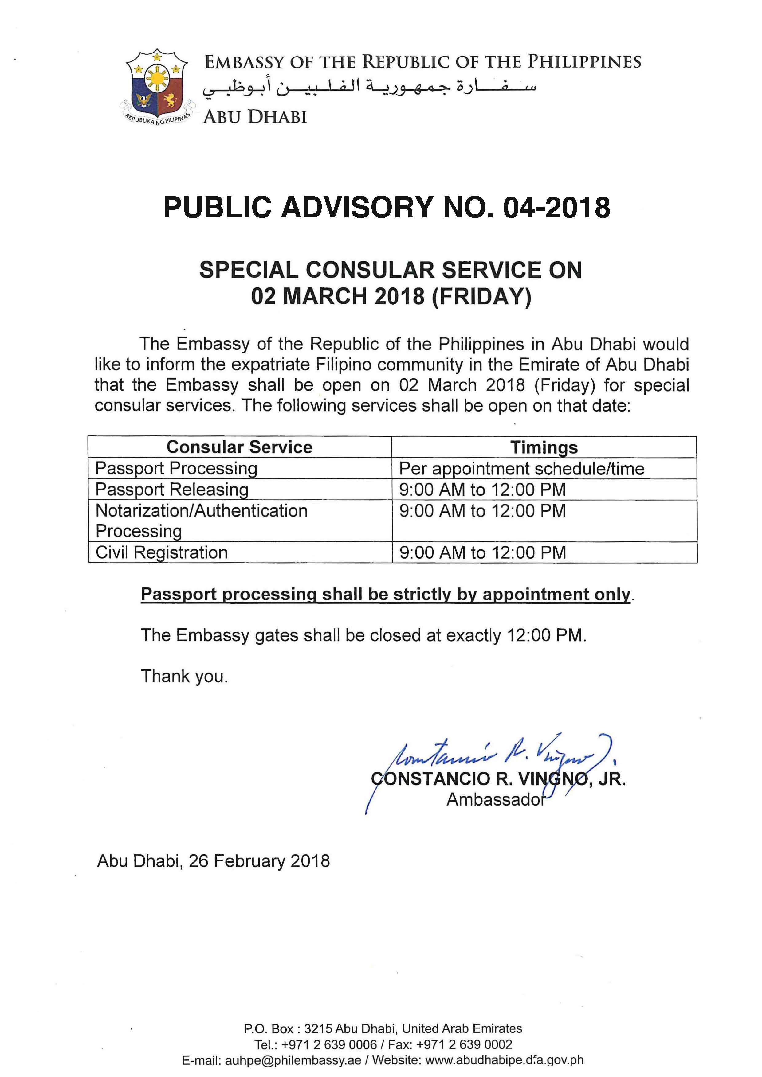 Public Advisory No. 04 2018 Special Consular Service on 02 Mar 2018