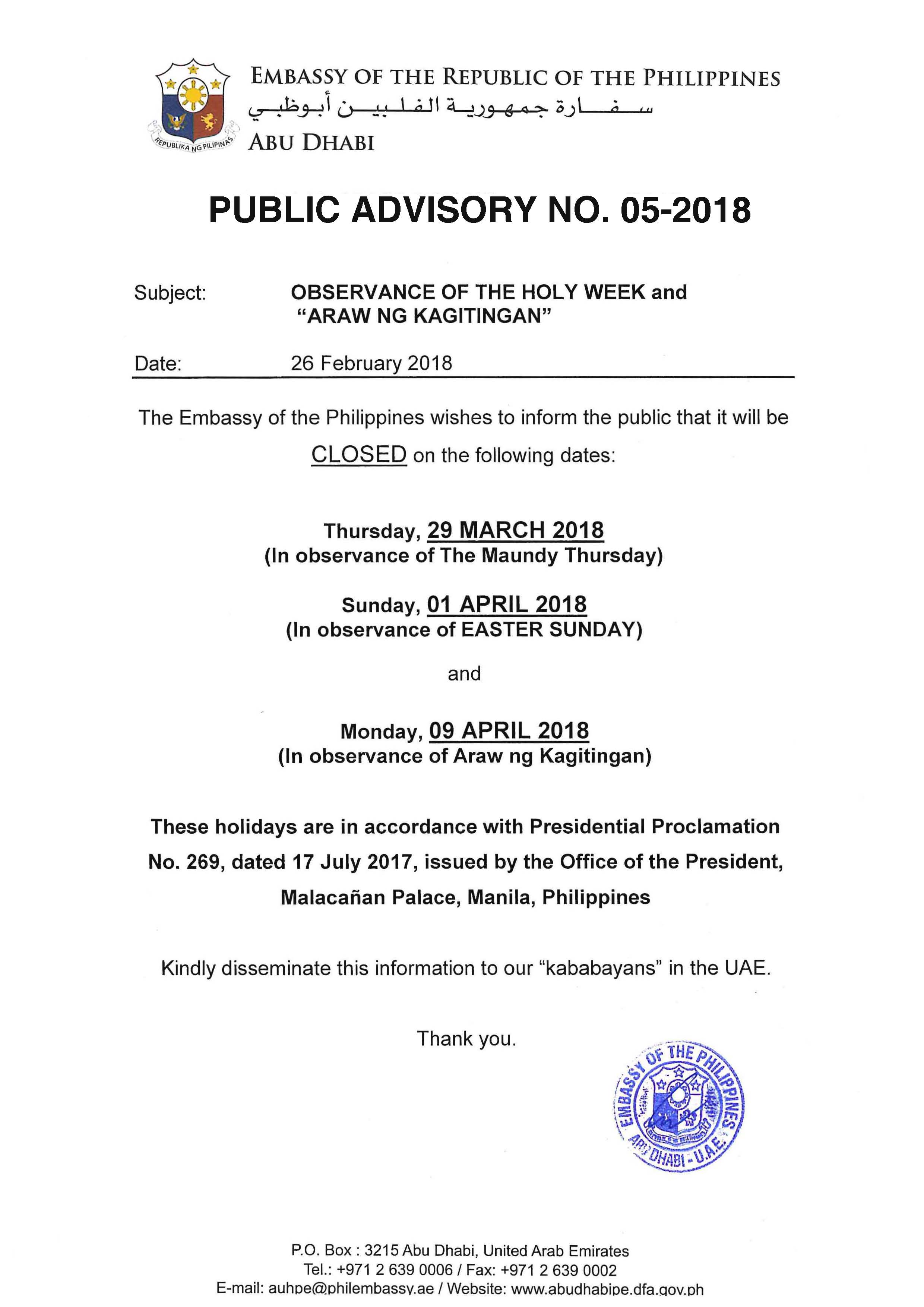 Public Advisory No. 05 2018 Observance of the Holy Week Araw ng Kagitingan