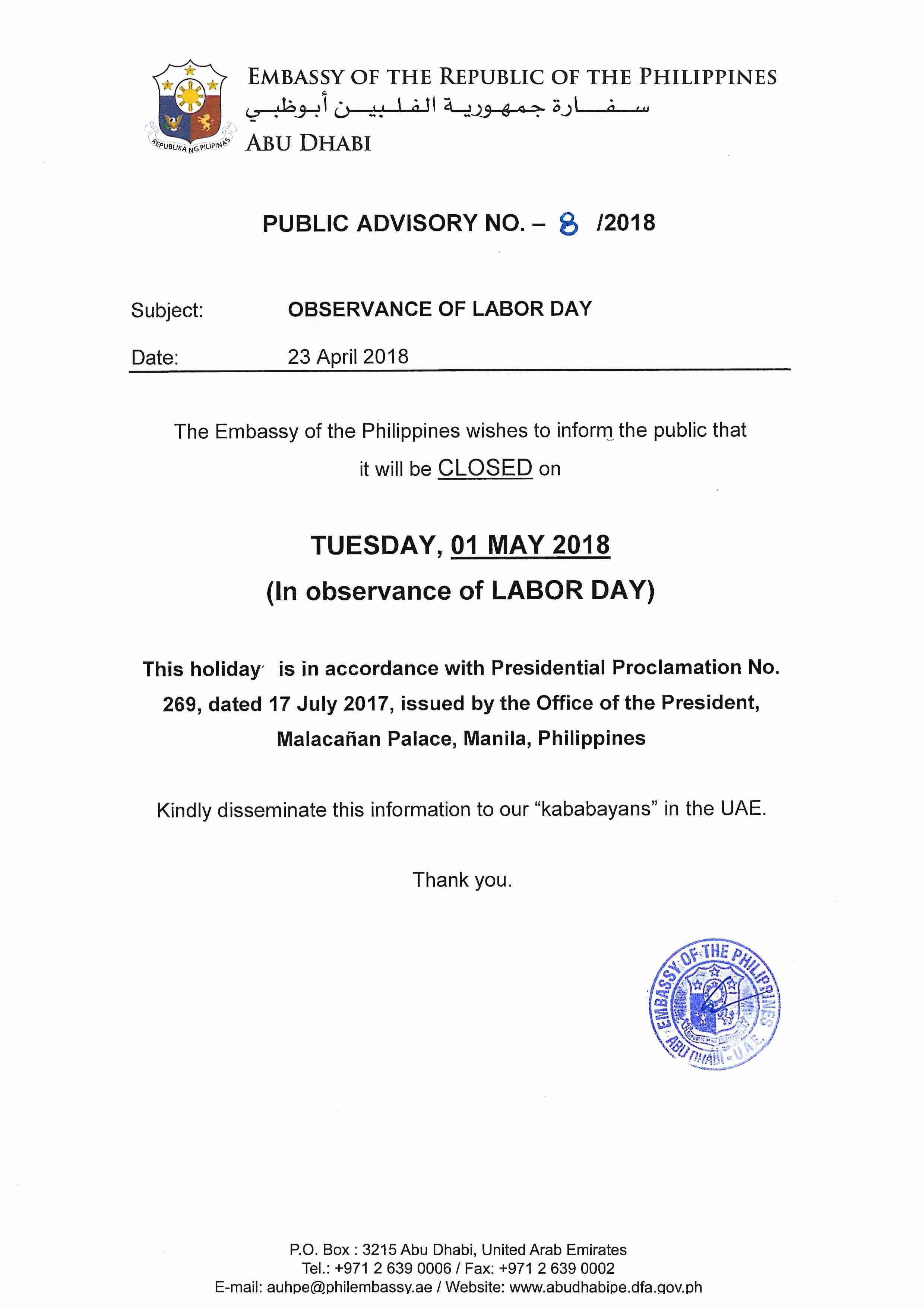 Public Advisory No. 08 2018 Observance of Labor Day