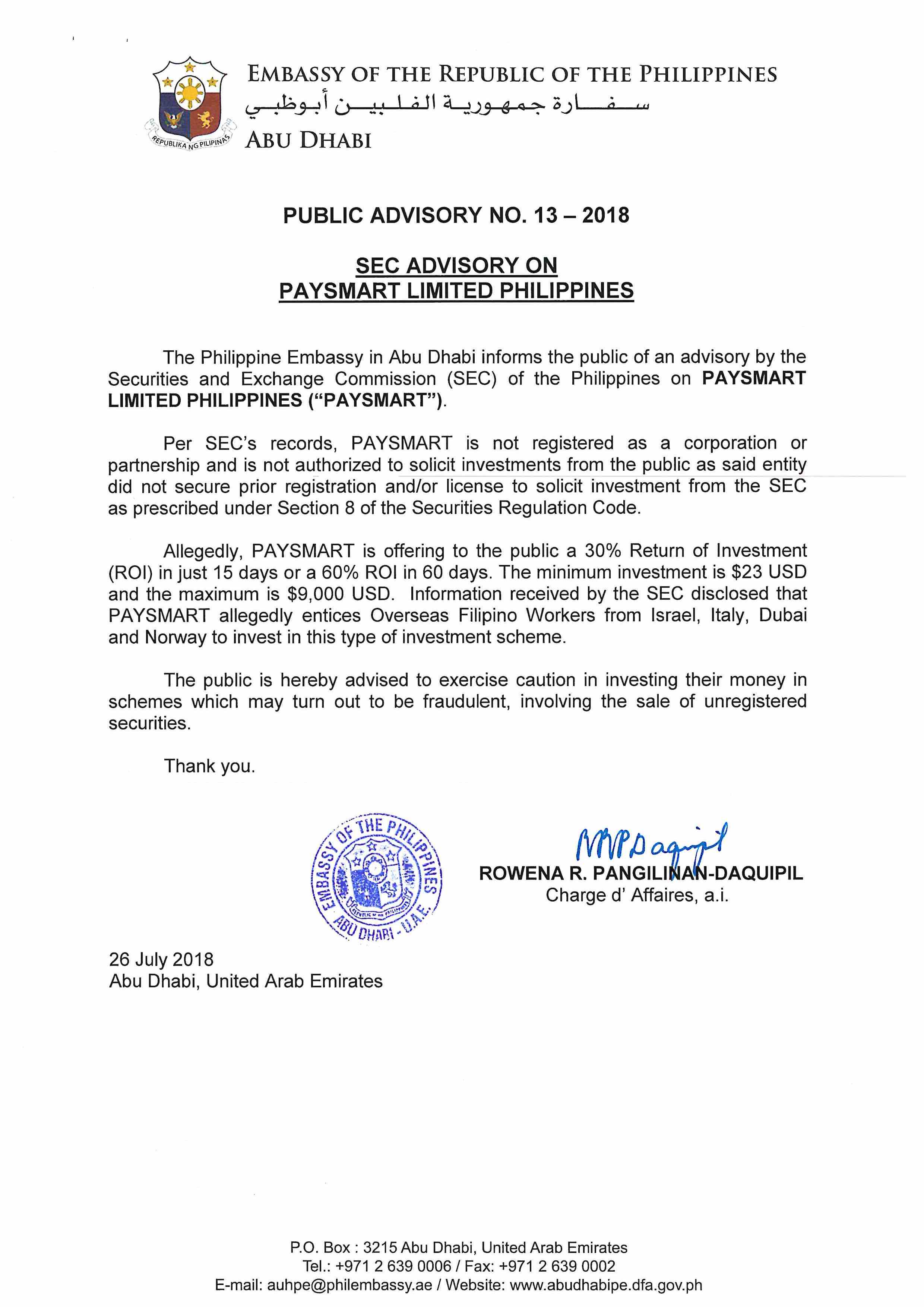 Public Advisory No. 13 2018