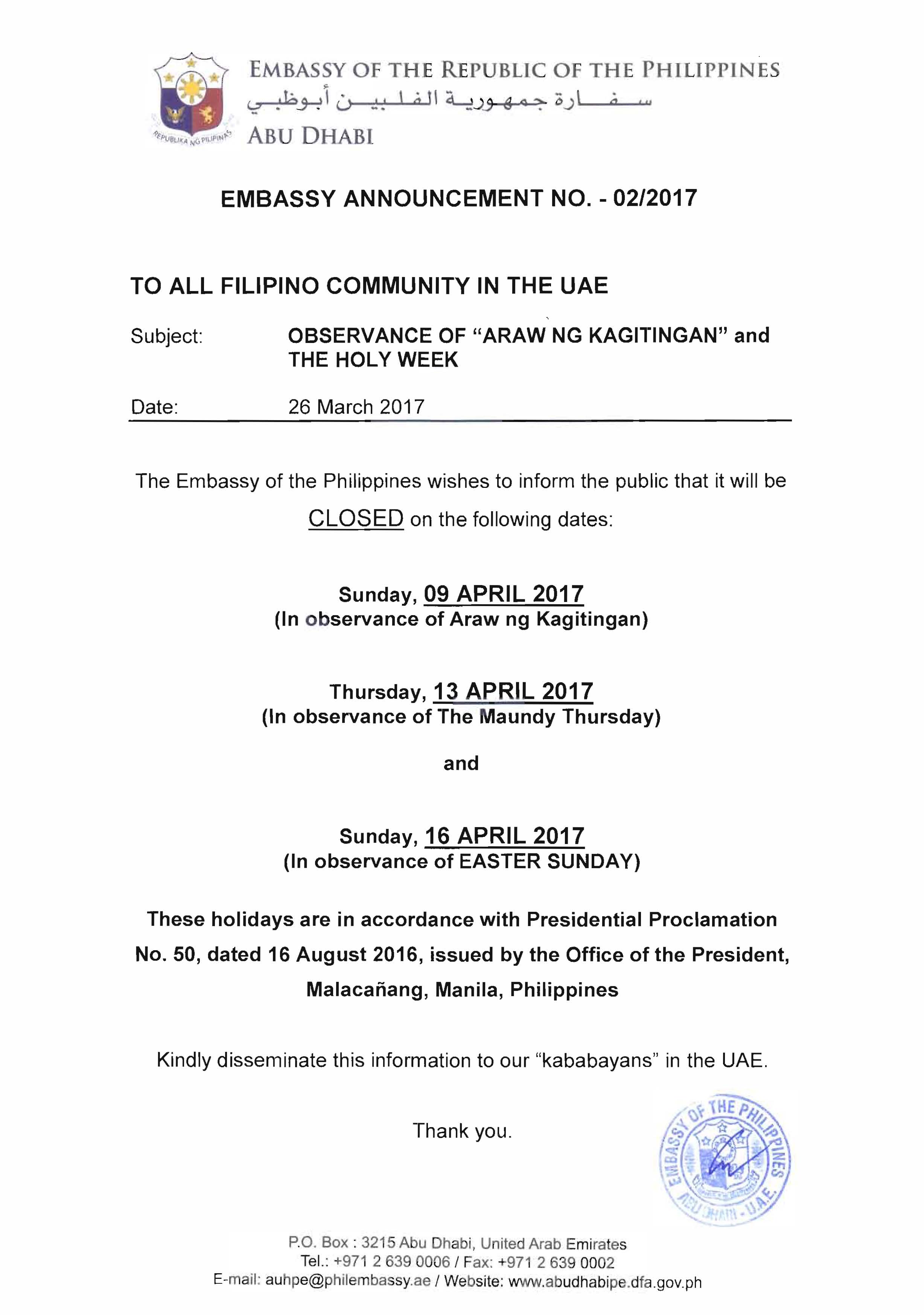 Announcement No. 02 2017 re Observance of Araw ng Kagitingan and The Holy Week