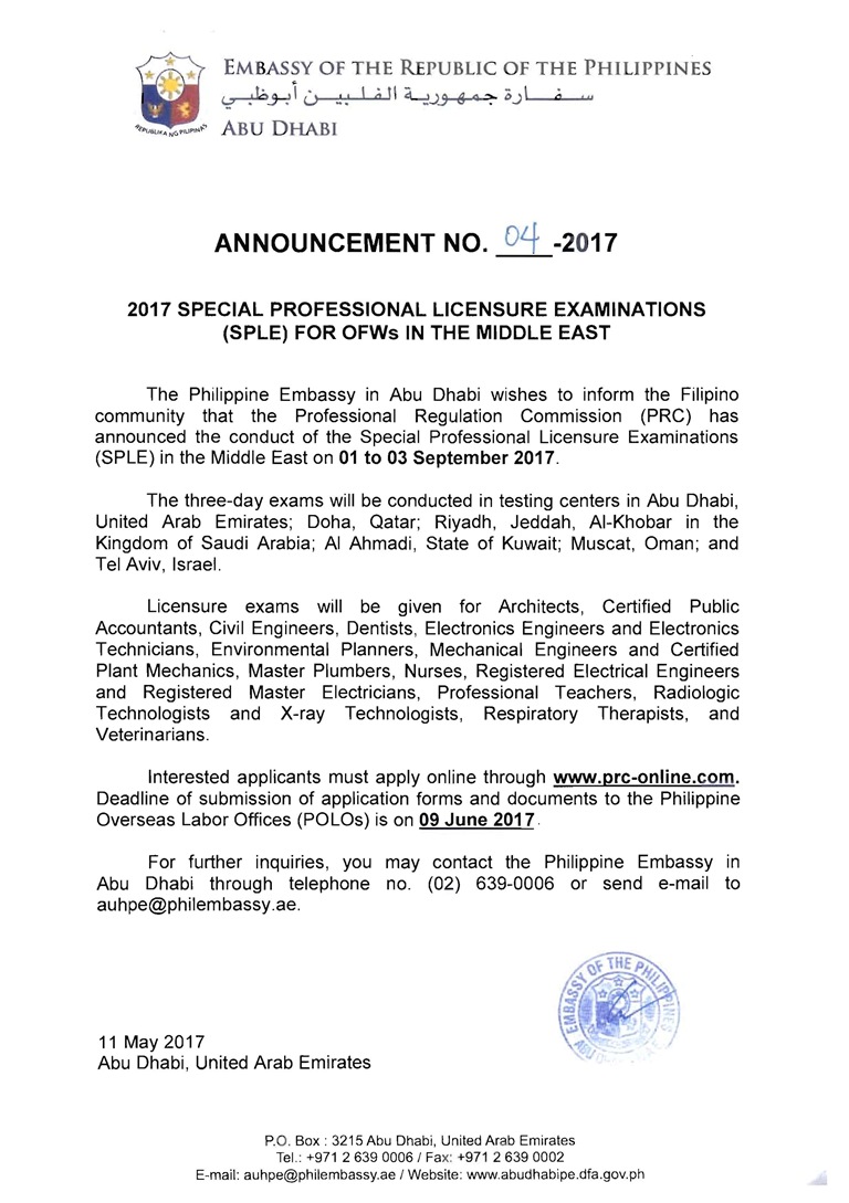 Announcement No. 04 2017 re 2017 SPLE for OFWs in the Middle East final