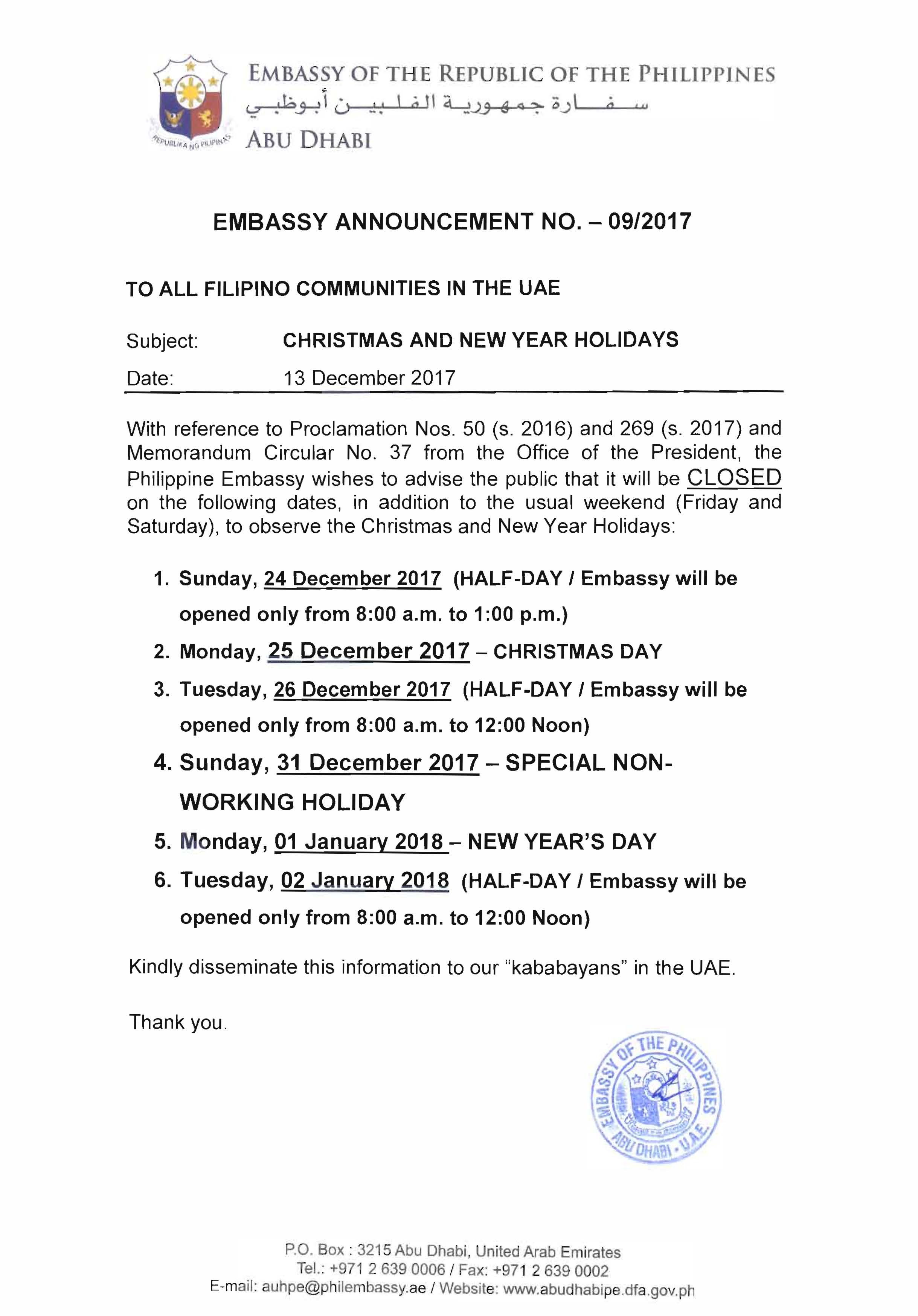 Announcement No. 09 2017 re Christmas and New Year Holidays 2017 FINAL