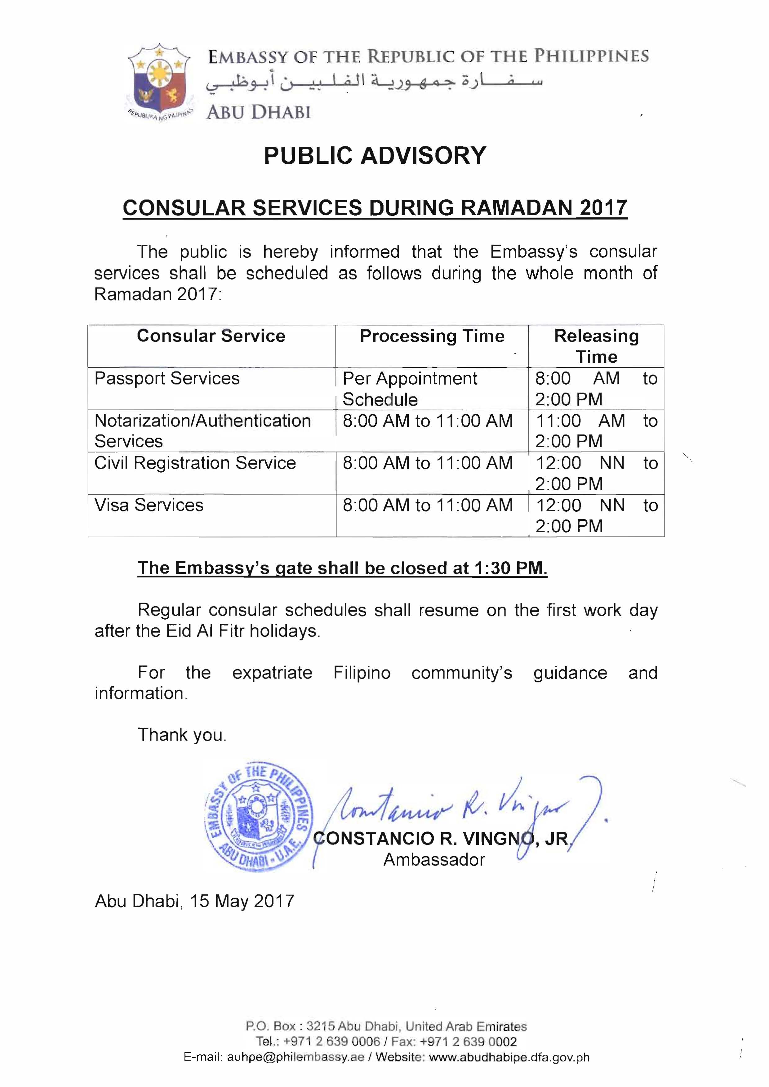 PUBLIC ADVISORY Consular Services During Ramadan 2017