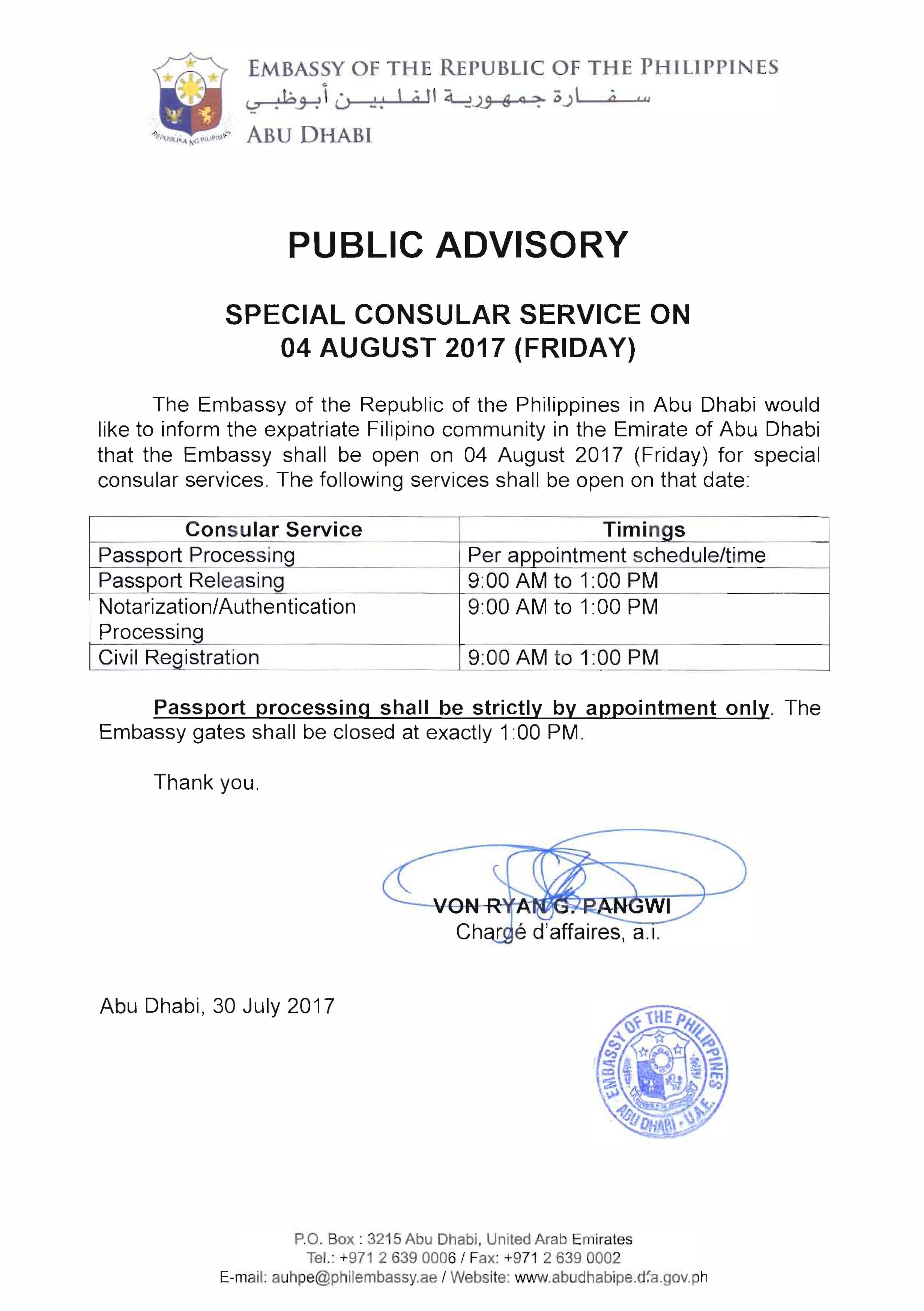 PUBLIC ADVISORY SPECIAL CONSULAR SERVICE ON 04 AUGUST 2017 FRIDAY