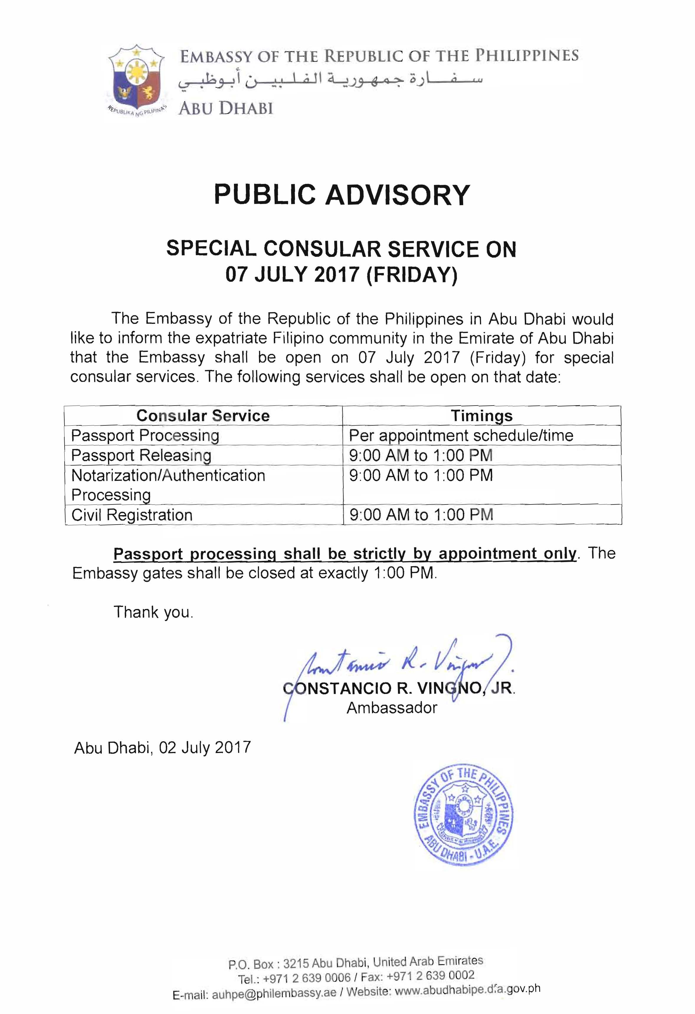 PUBLIC ADVISORY SPECIAL CONSULAR SERVICE ON 07 JULY 2017 FRIDAY