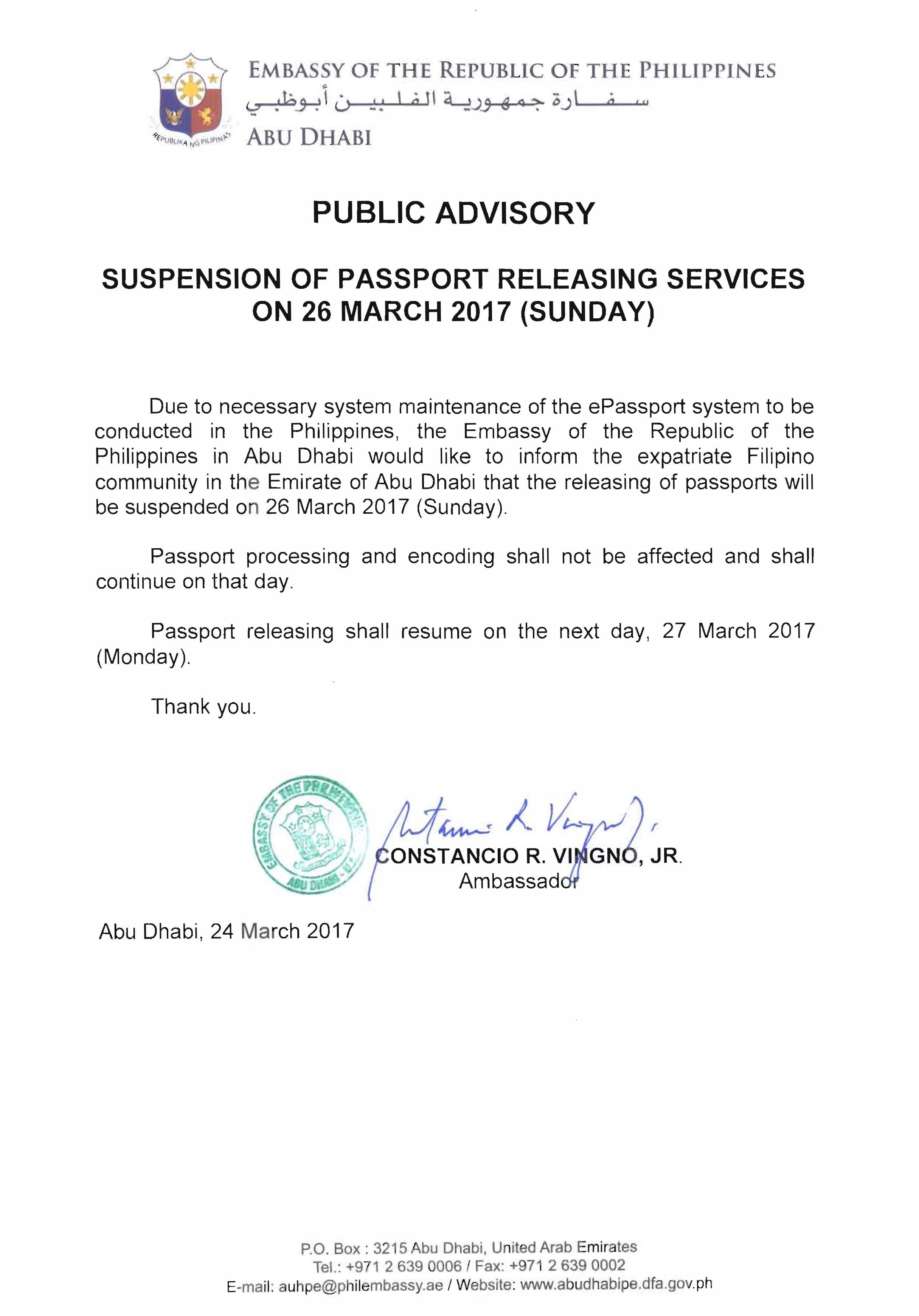 PUBLIC ADVISORY Suspension of Passport Releasing Services on 26 Mar 2017 Sun