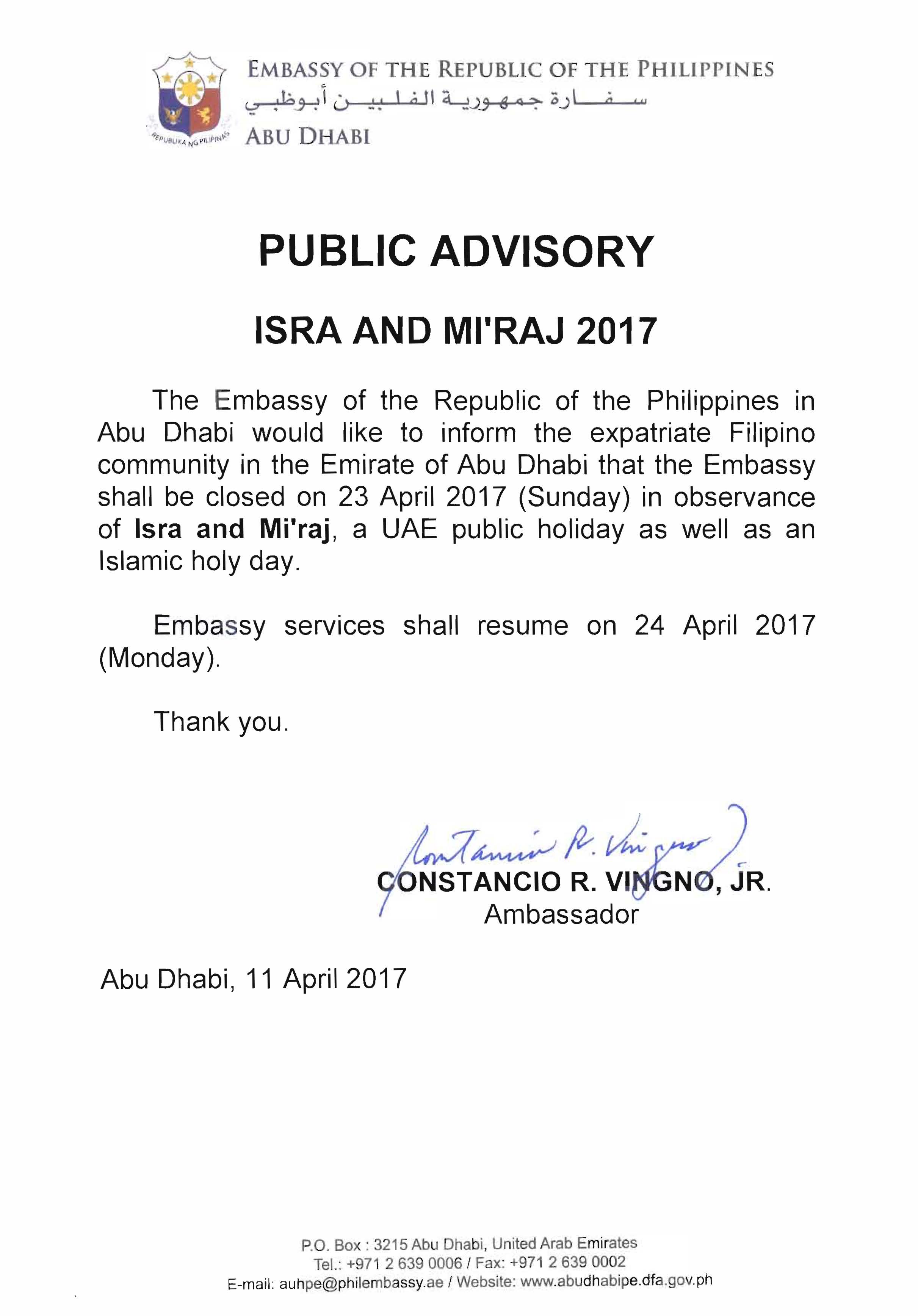 Public Advisory Isra and Miraj 2017