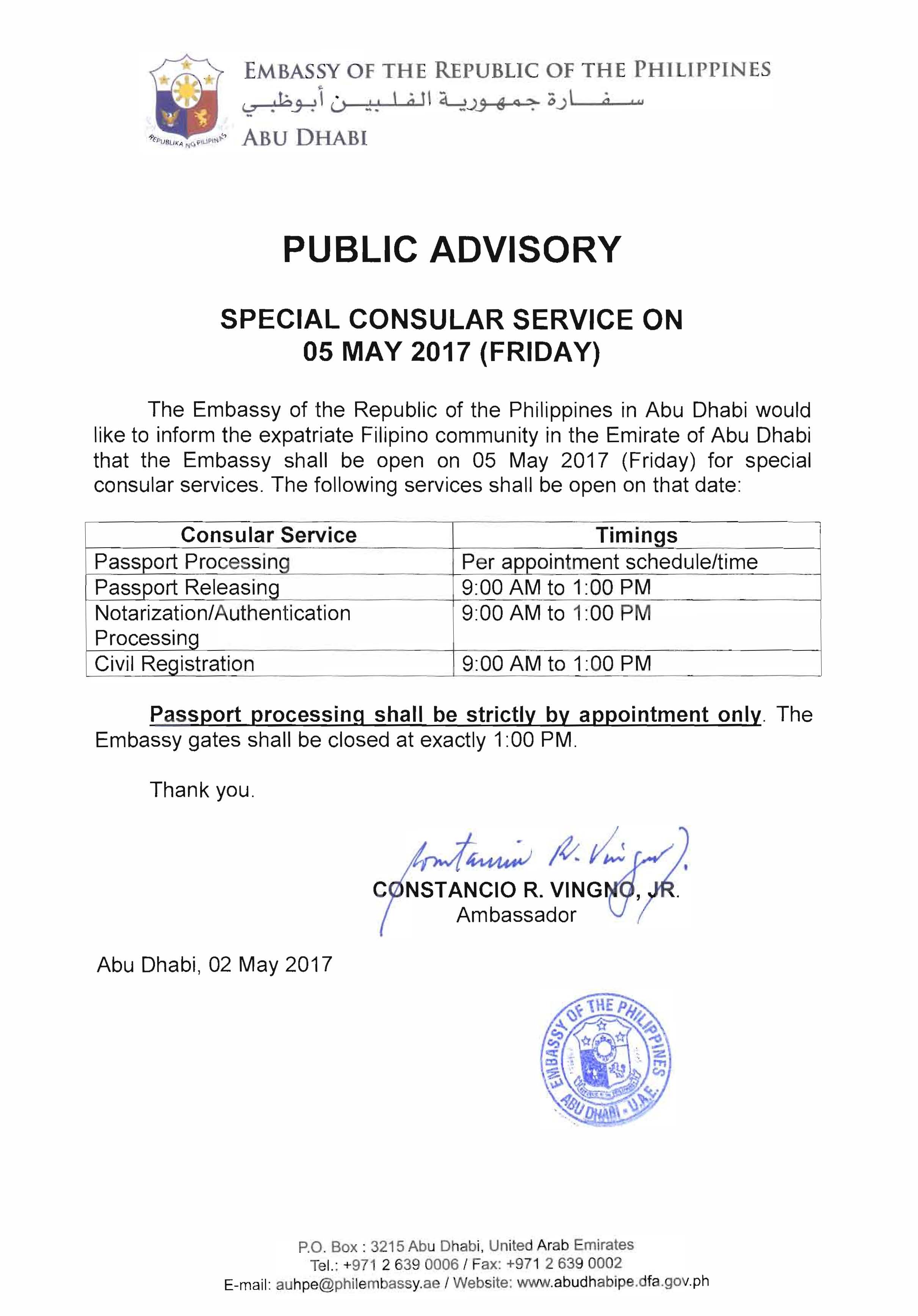 Public Advisory Special Consular Service on 05 May 2017 Friday