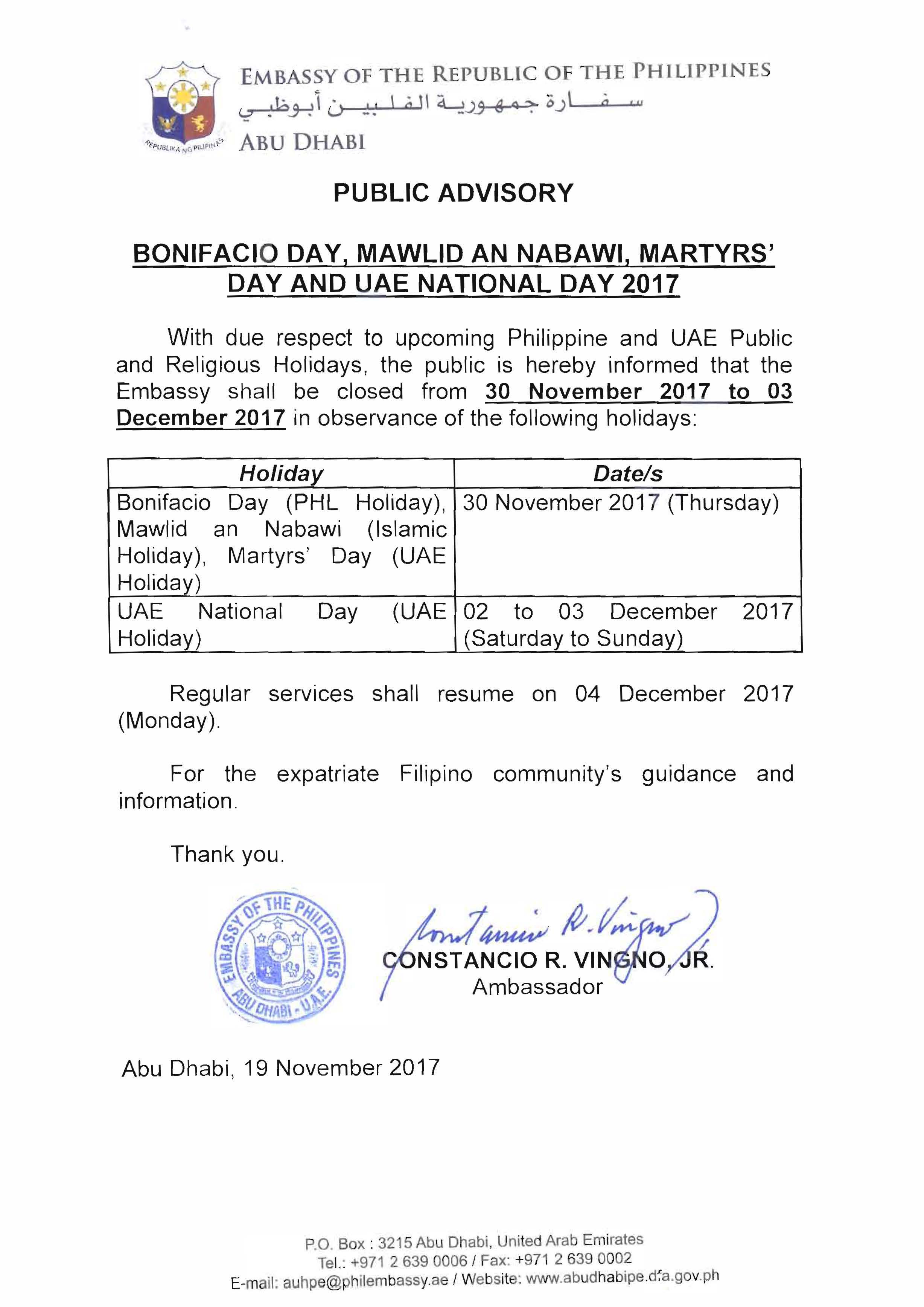 Public Advisory Bonifacio Day Martyrs Day UAE Natl Day 2017