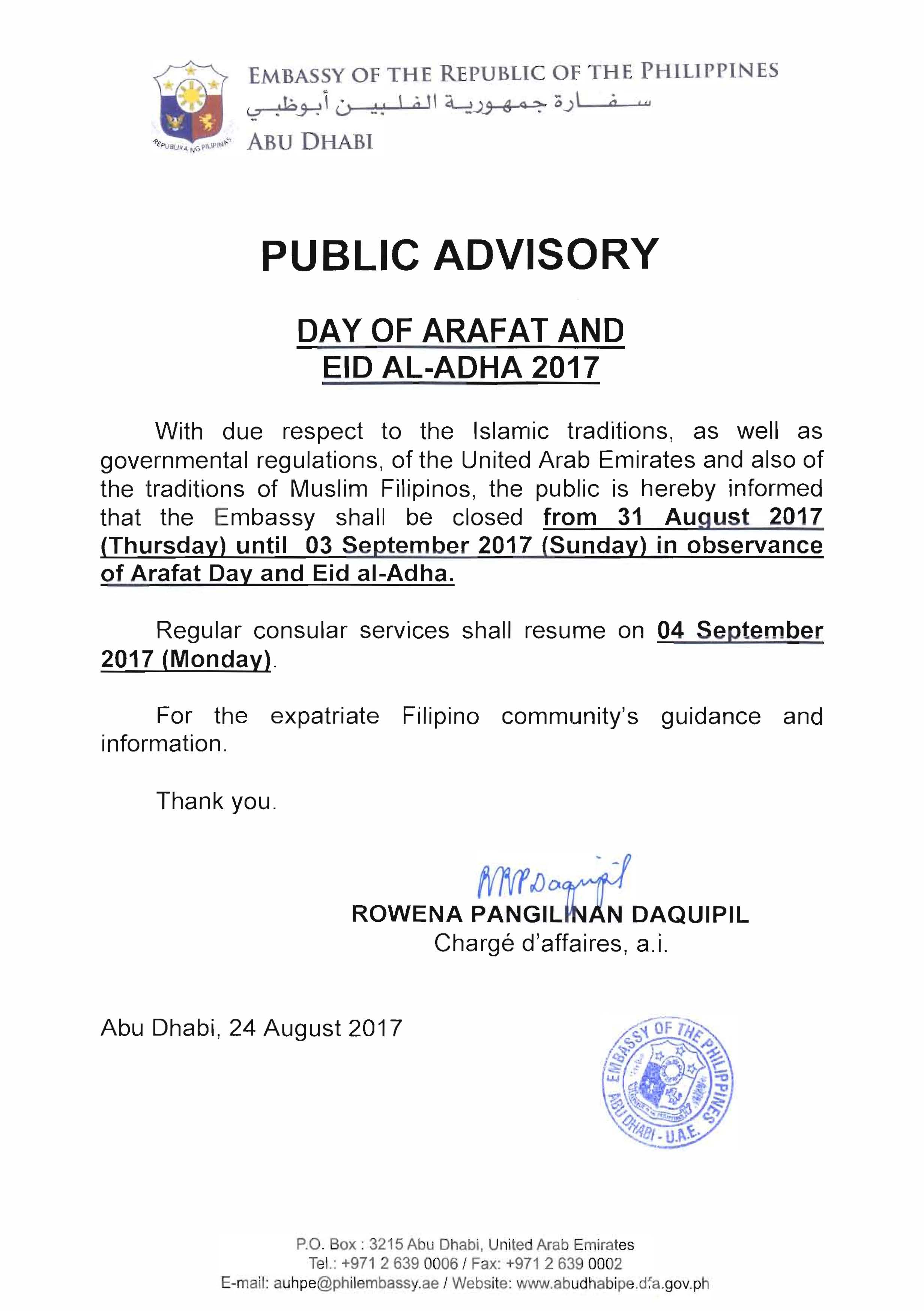 Public Advisory Day of Arafat and Eid Al Adha 2017