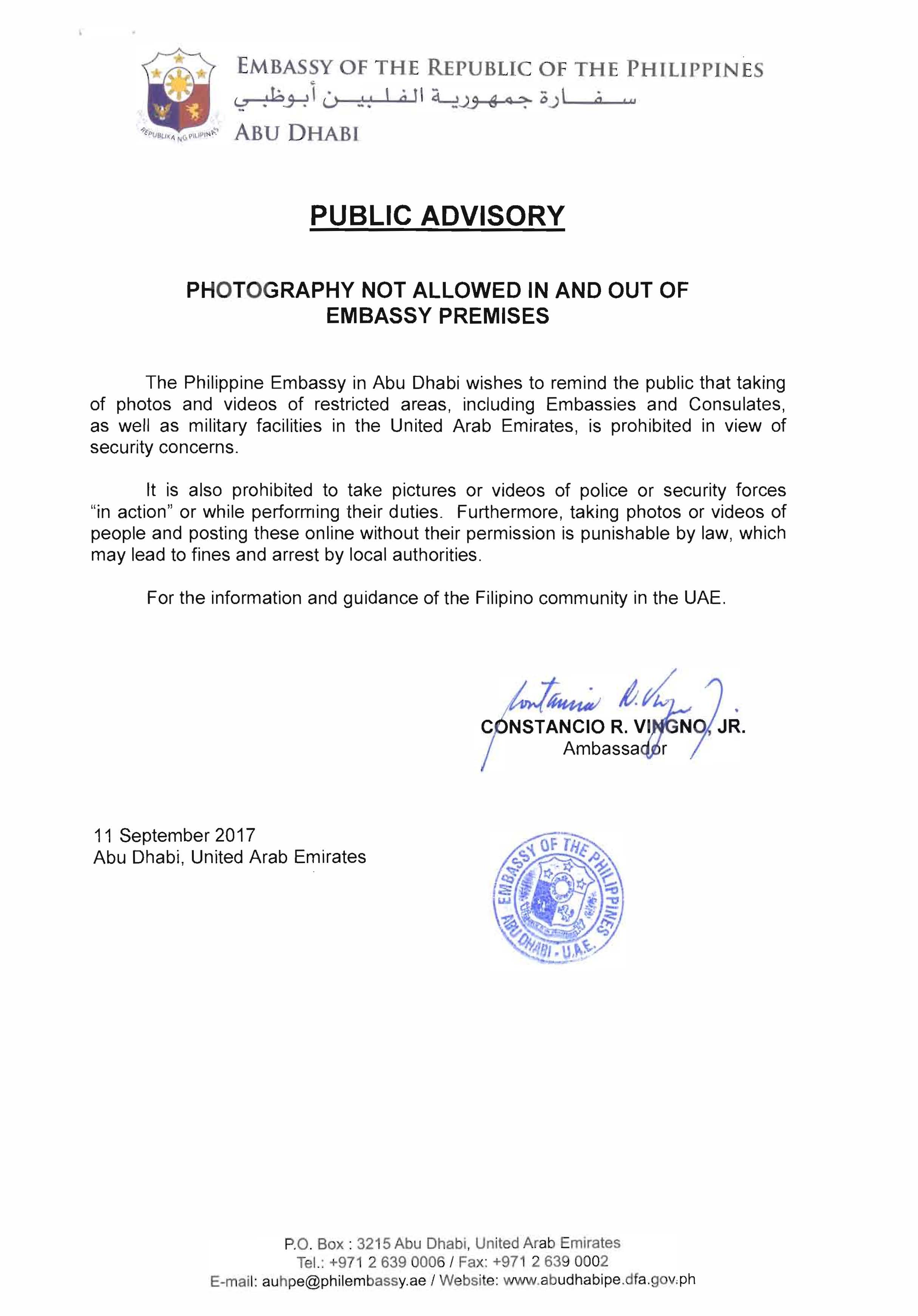 Public Advisory Photography Not Allowed In and Out of Embassy Premises