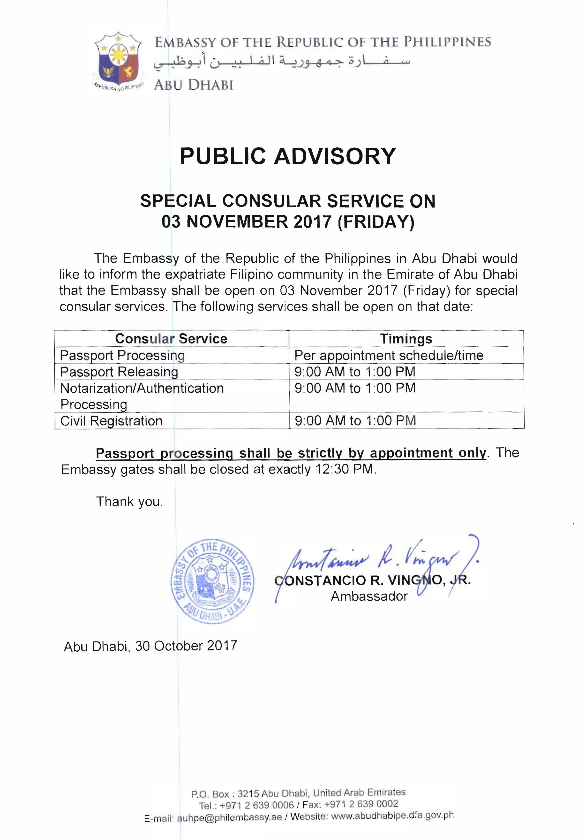 Public Advisory Special Consular Service on 03 November 2017 Friday