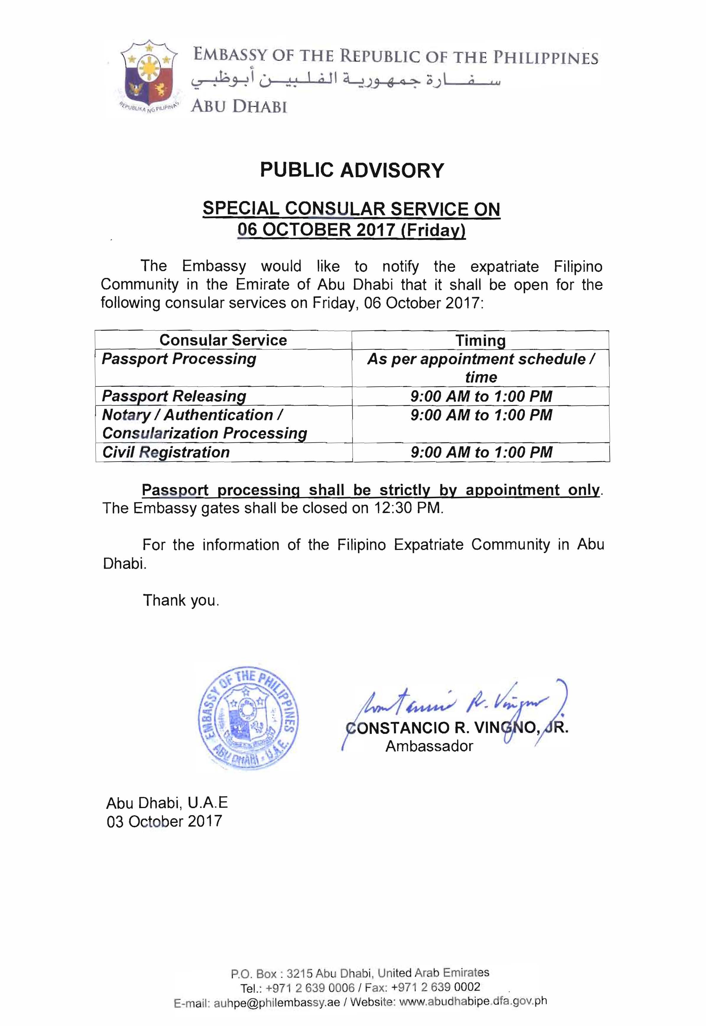 Public Advisory Special Consular Service on 06 October 2017 Friday