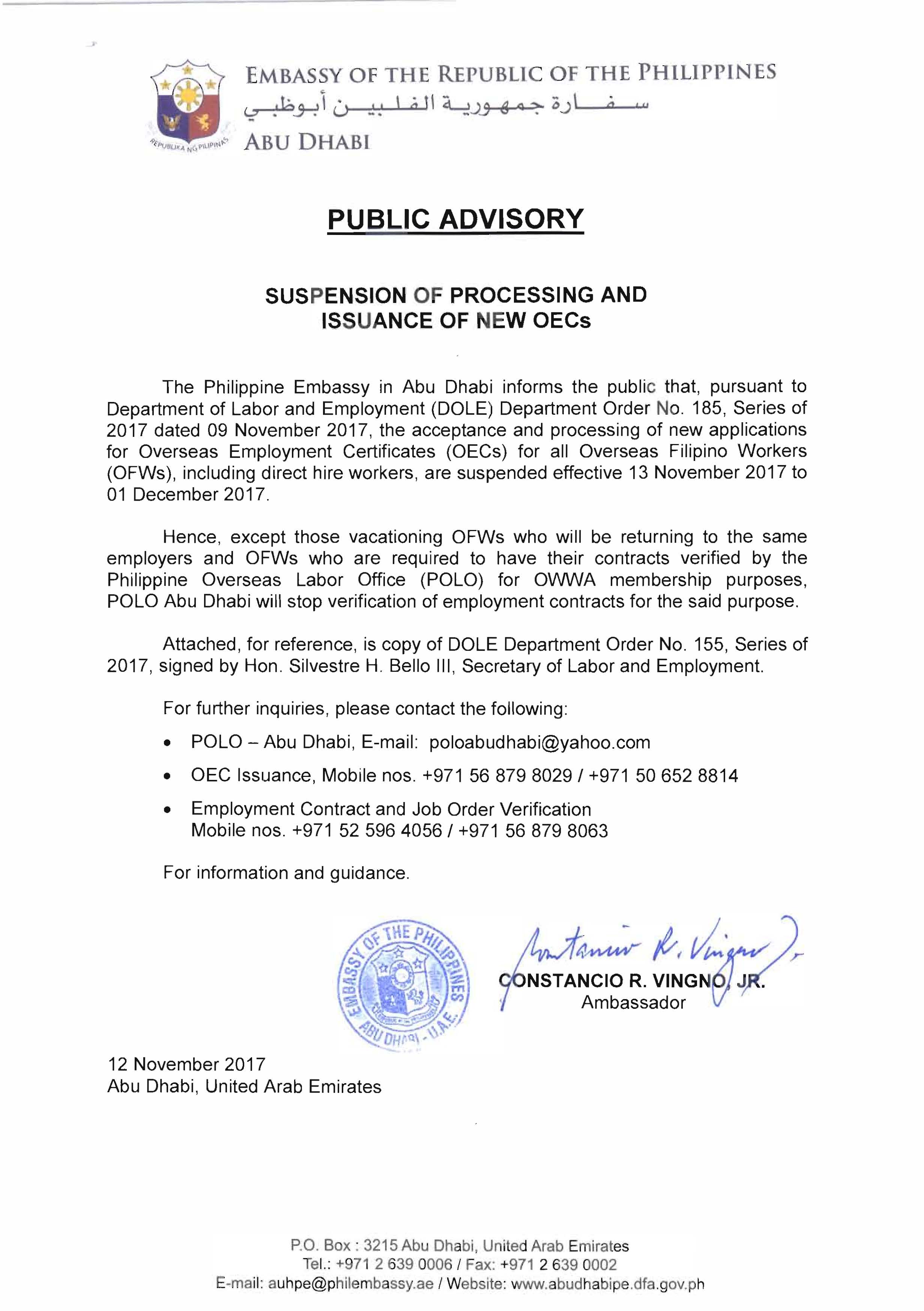 Public Advisory Suspension of issuance of new OEC Page 1