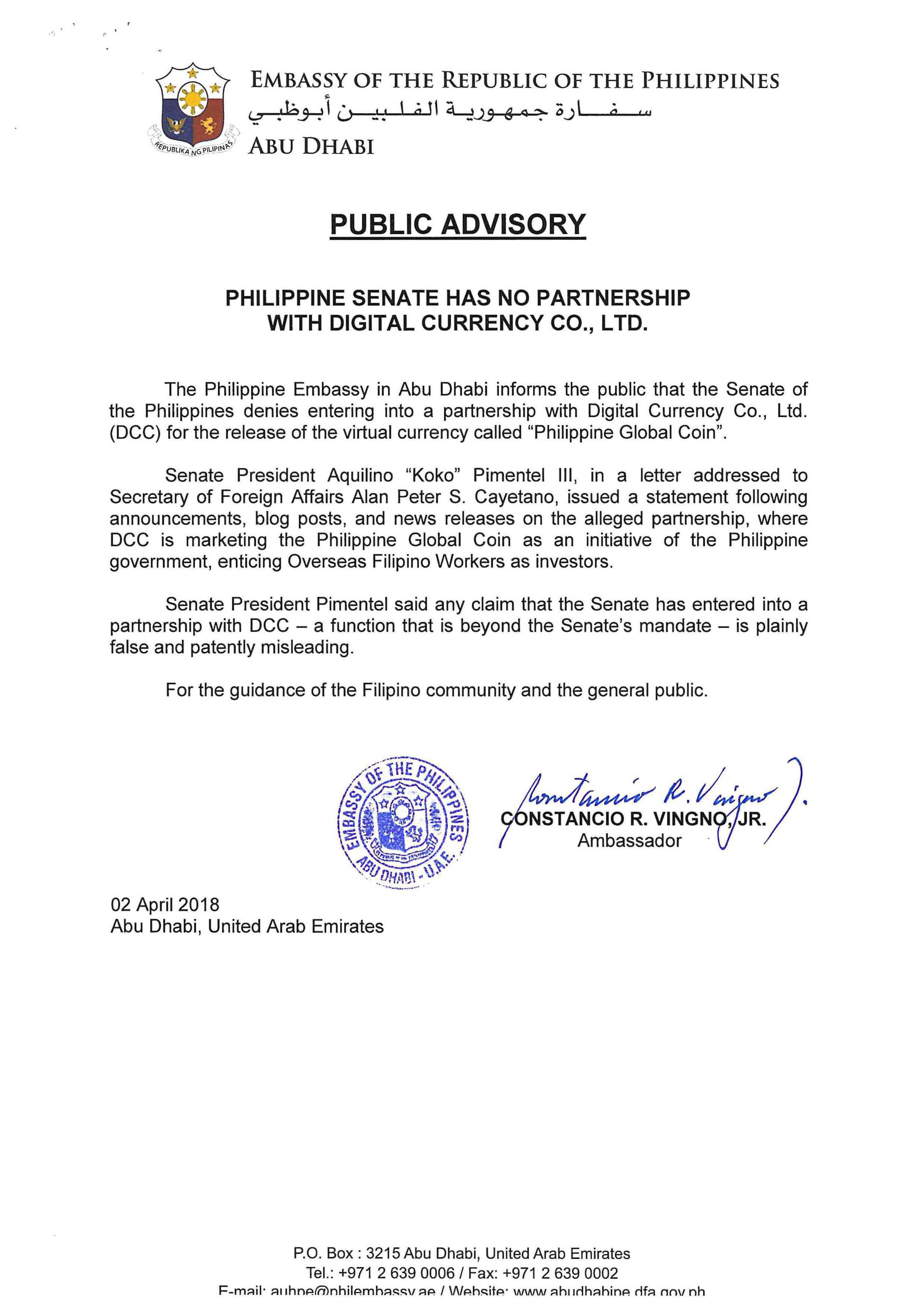Public Advisory Philippine Senate Has No Partnership with Digital Currency Co Ltd
