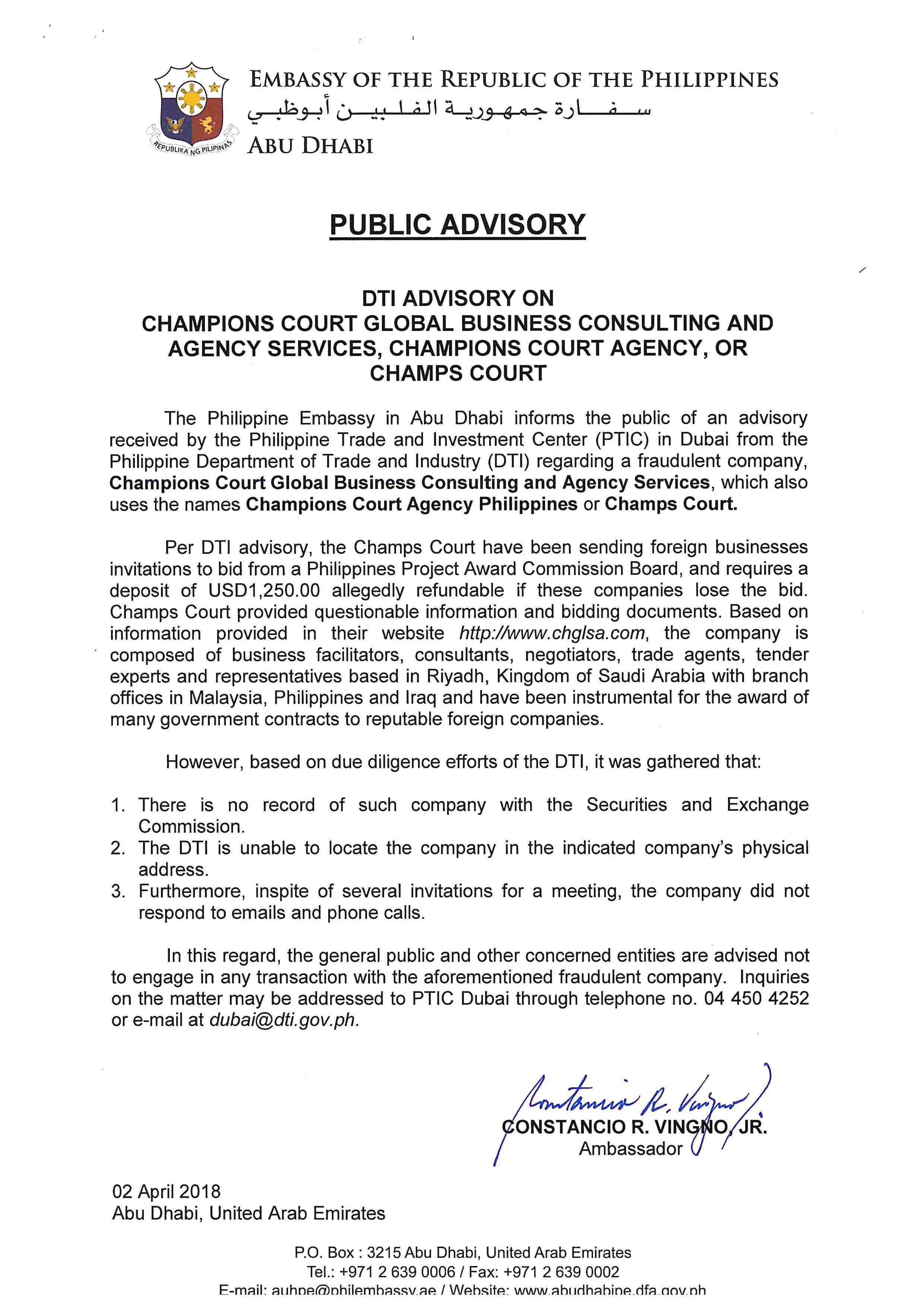 Public Advisory on Champions Court Global Business Consulting