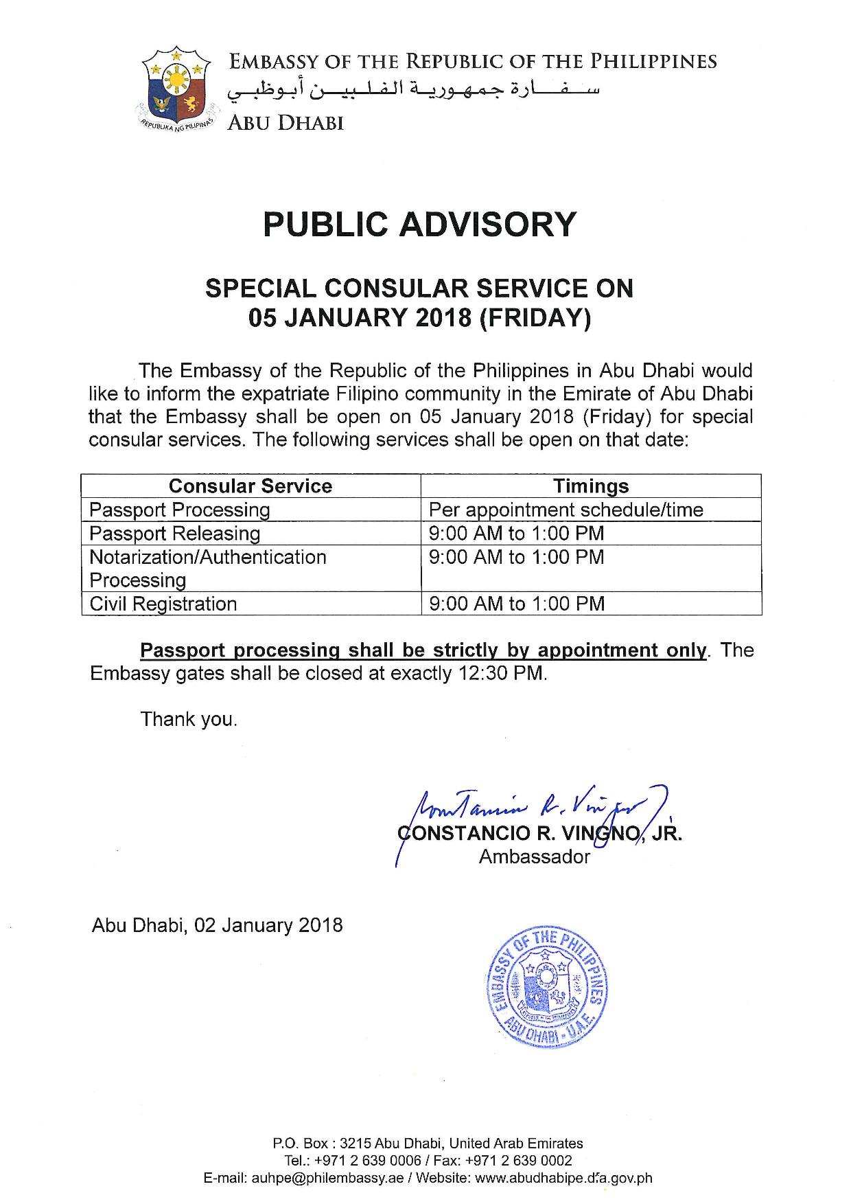 SPECIAL CONSULAR SERVICE ON 05 JANUARY 2018