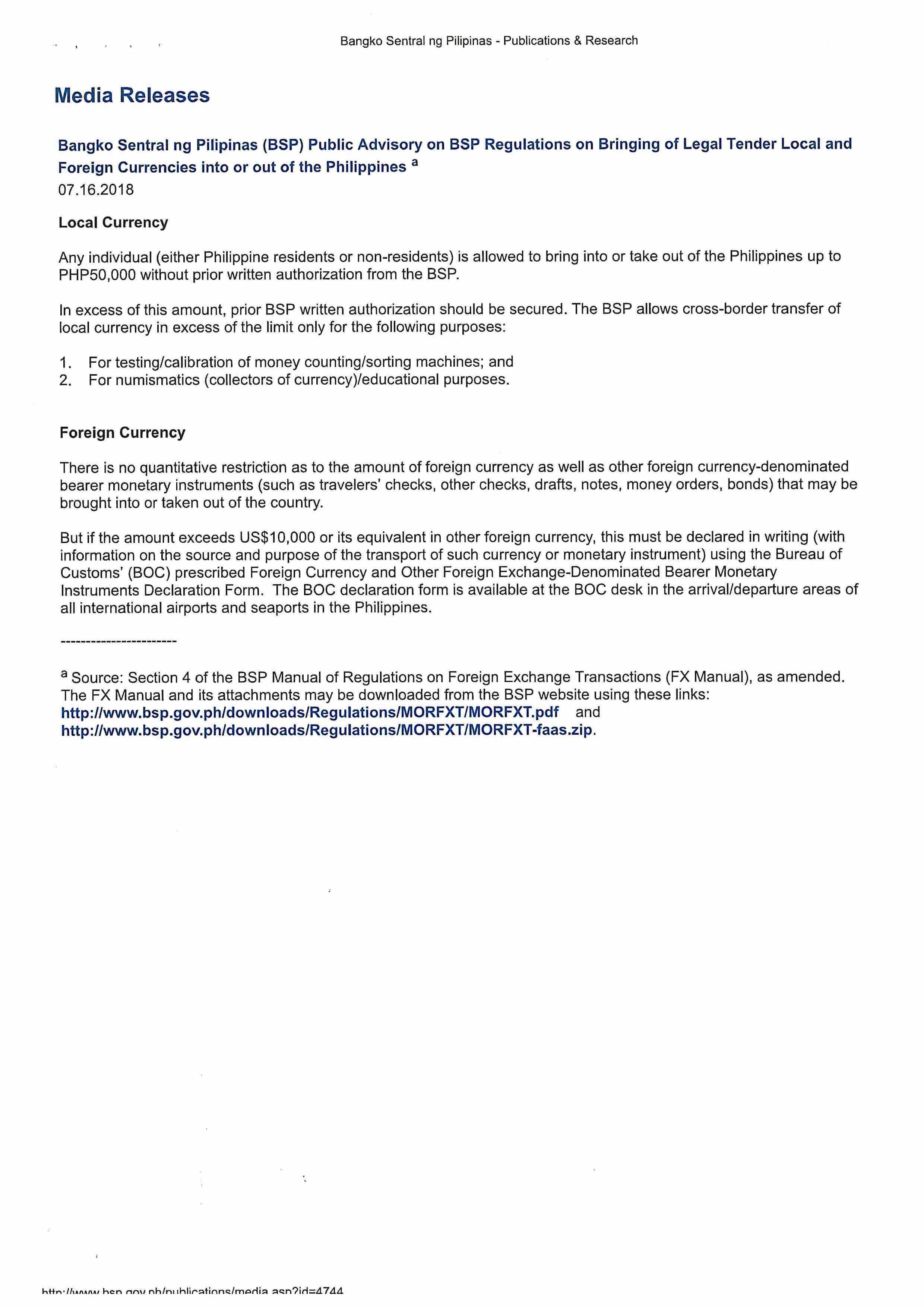 BSP Public Advisory on bringing of Legal Tender Local Foreign Currencies