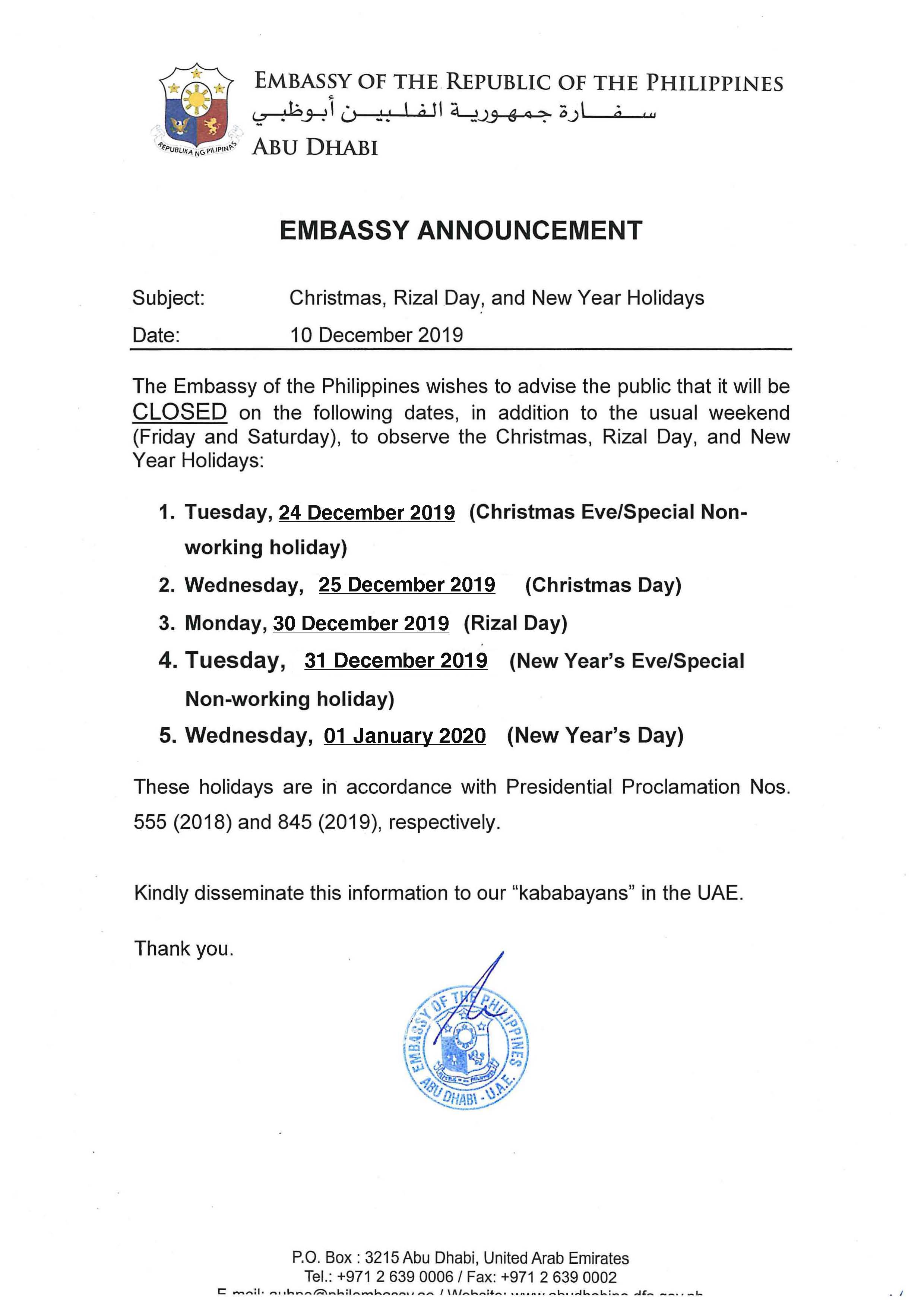 Announcement Christmas Rizal Day New Year Holidays