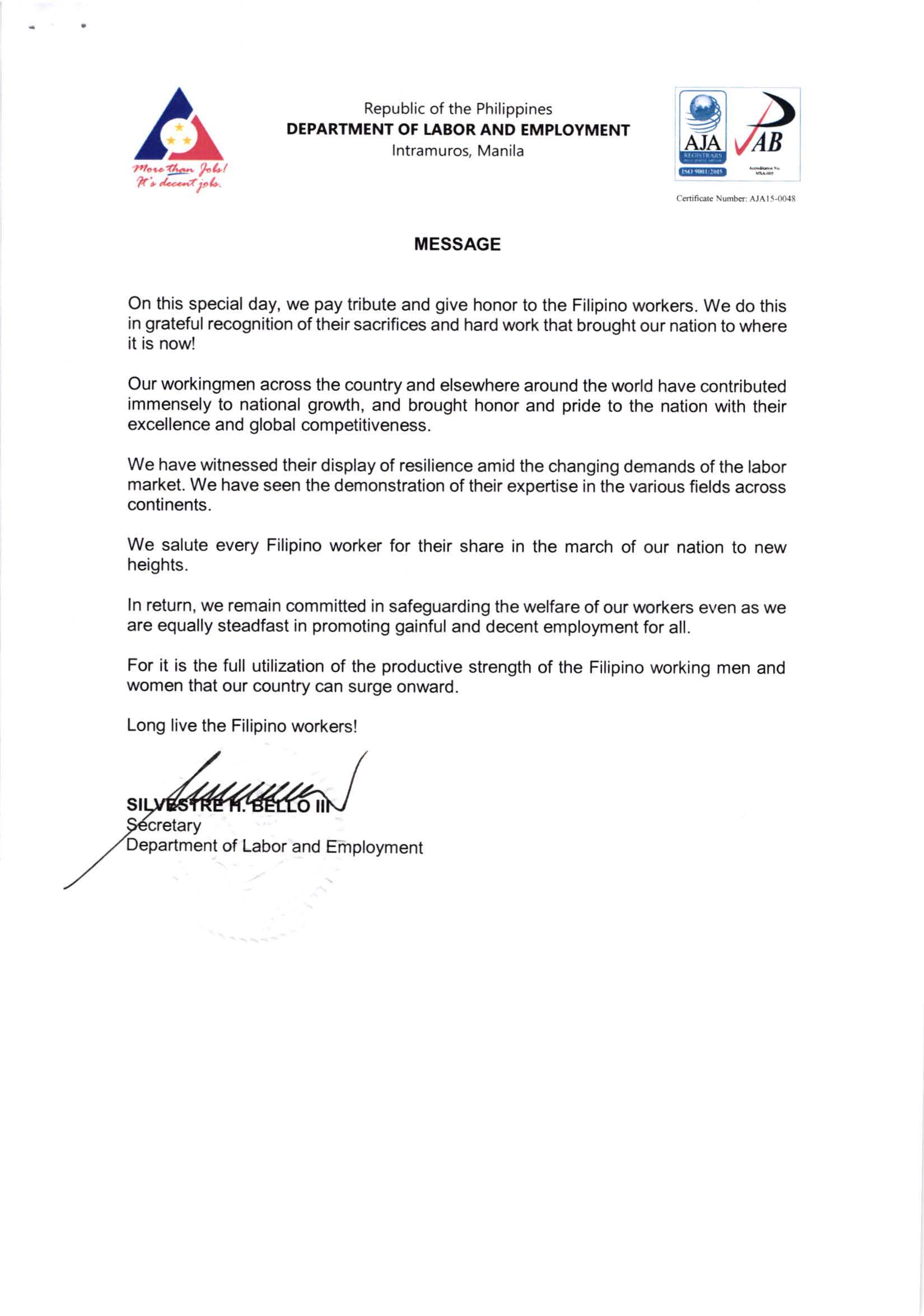 Labor Day message of the DOLE Secretary Silvestre H. Bello III