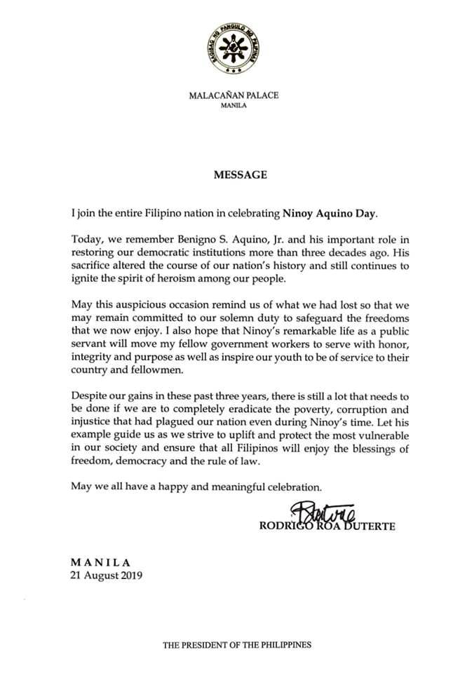 Ninoy Aquino Day Message