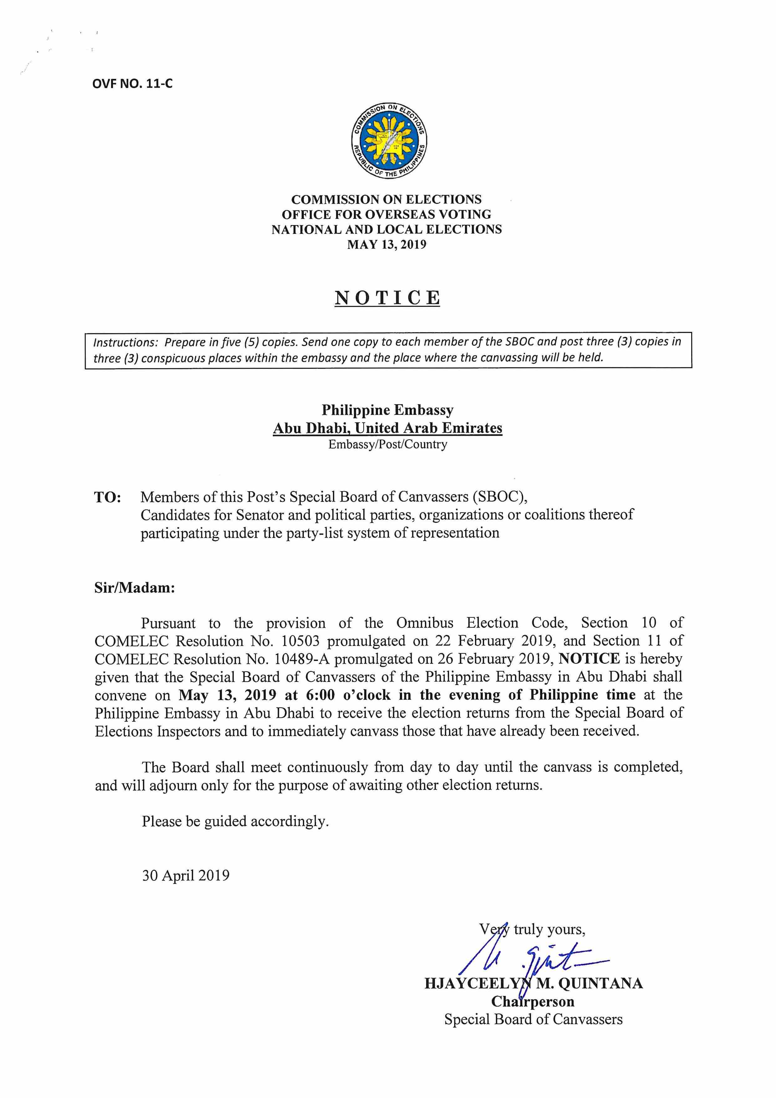 Notice Canvassing of Votes on 13 May 2019