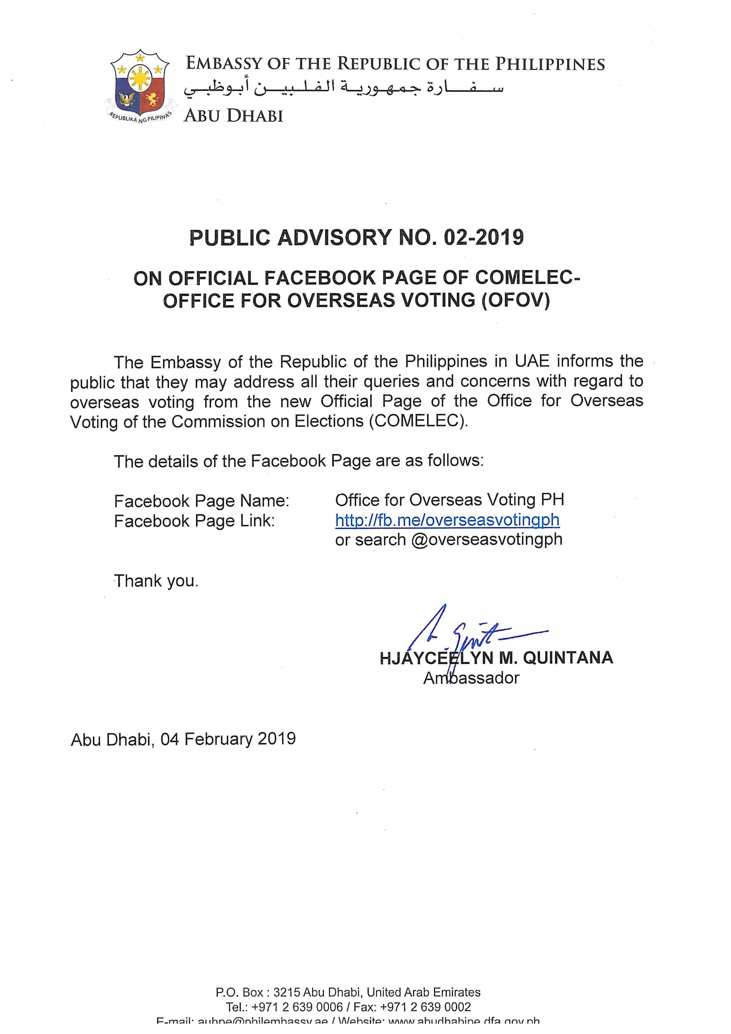 Public Advisory No. 02 2019