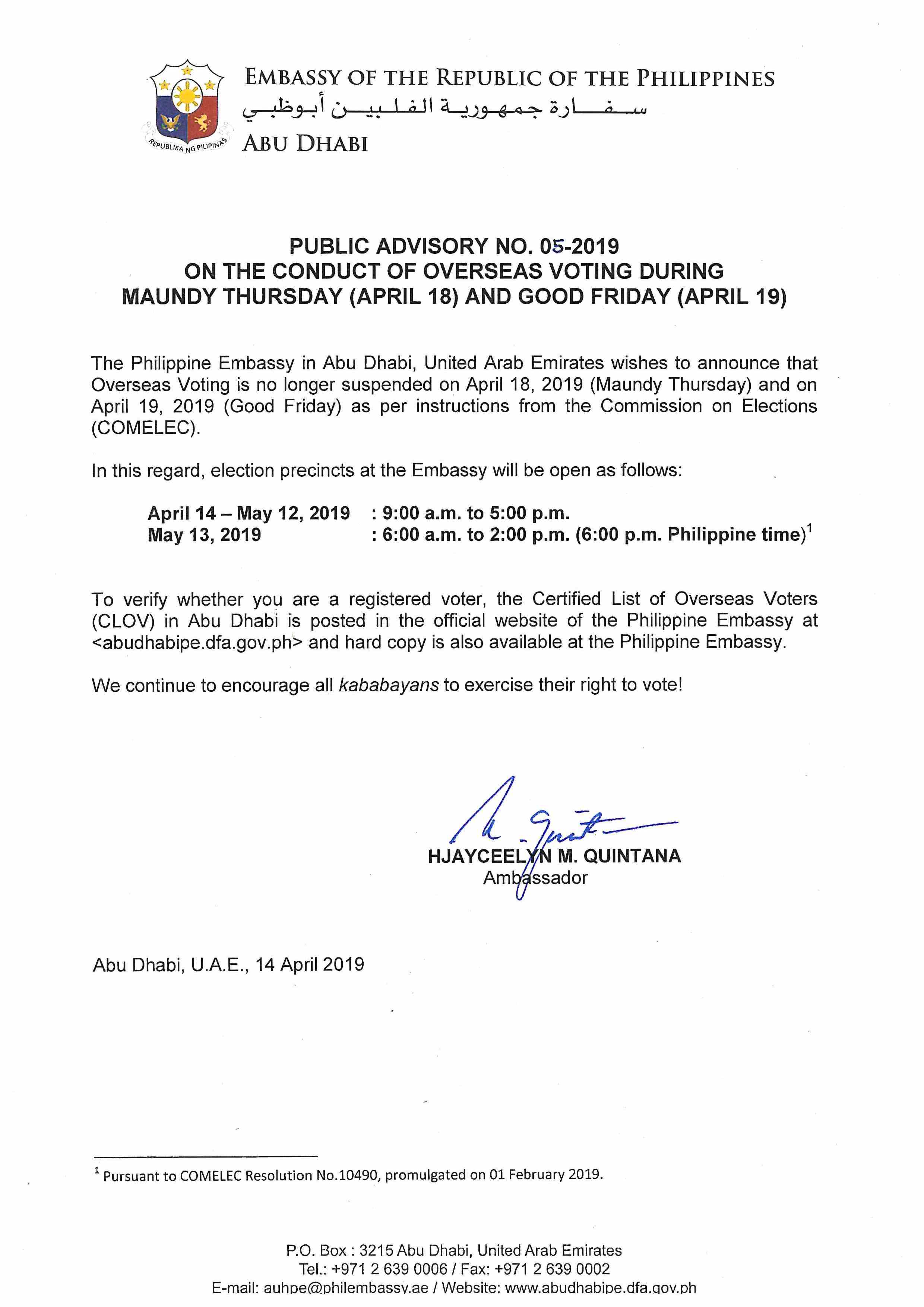 Public Advisory No. 05 2019