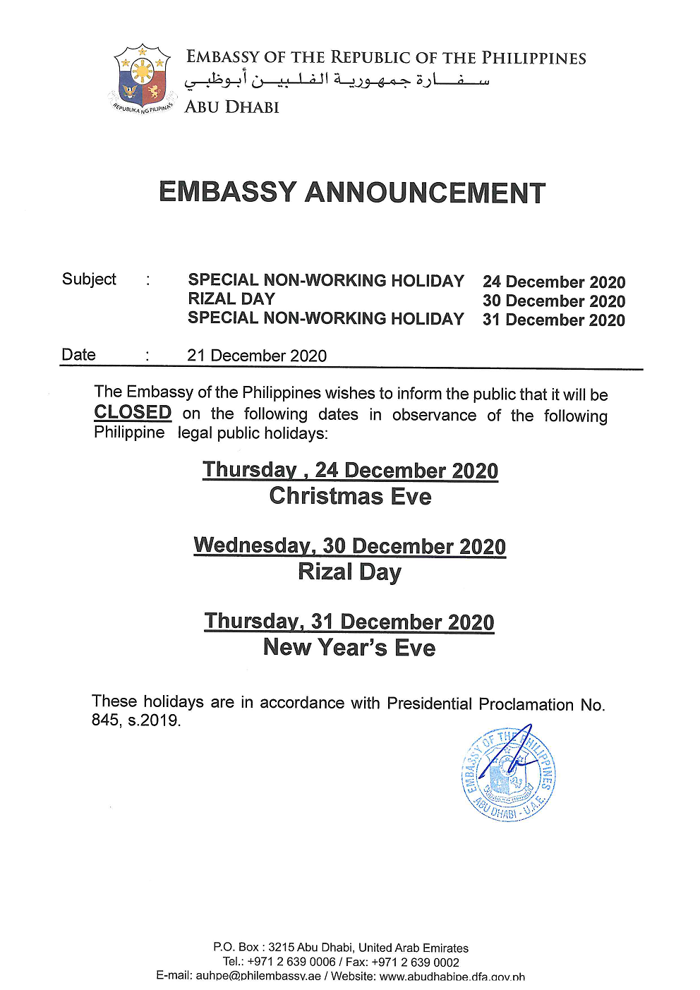 Embassy Announcement Holidays in Dec 2020