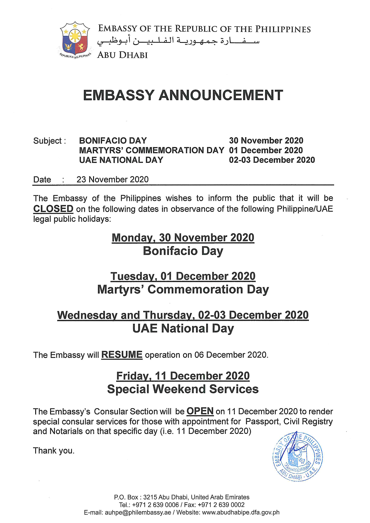 Embassy Announcement Holidays in Nov Dec 2020