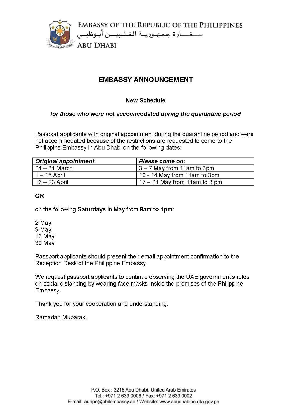 Embassy Announcement Passport Appointment schedule