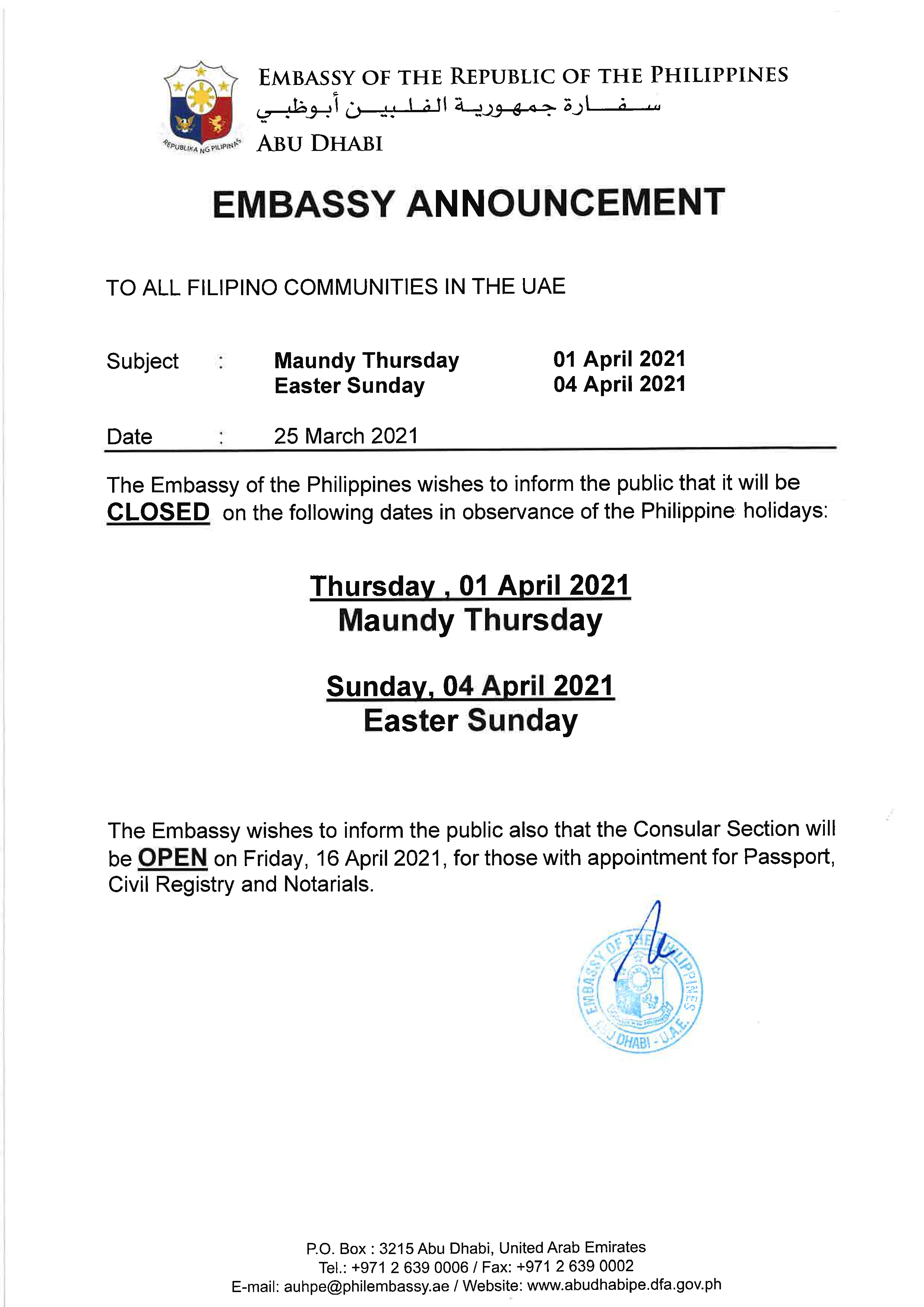 Embassy Announcement re Holy Week 01 Apr 04 Apr 2021 final