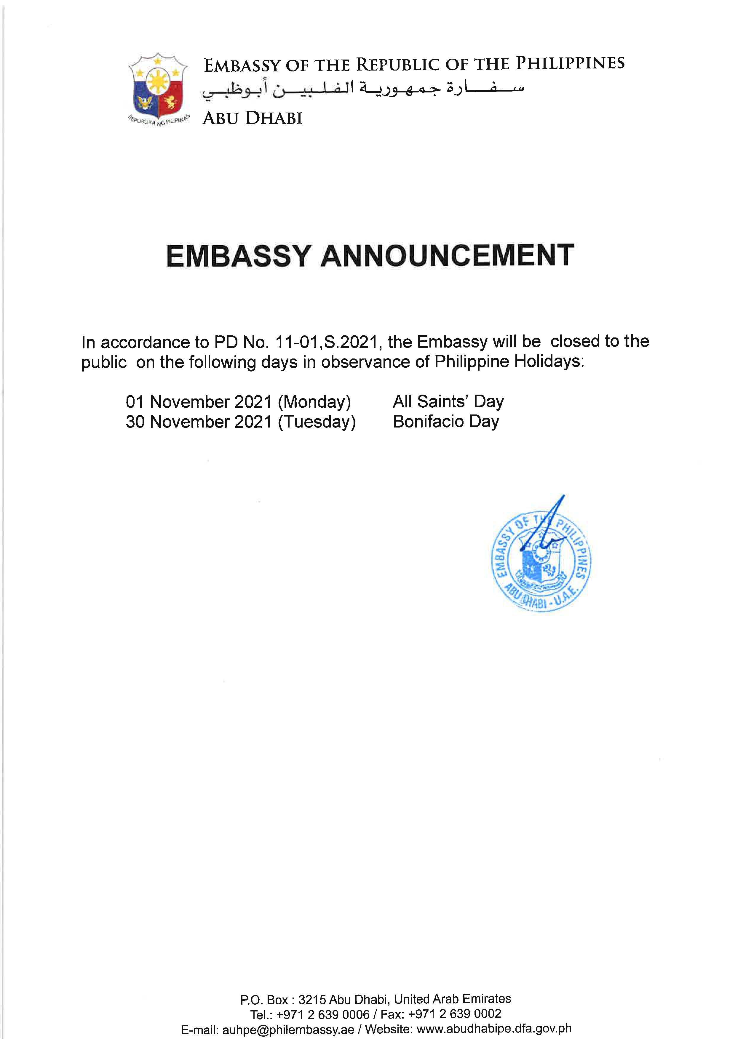 Embassy Announcement re Observance of Philippine Holidays in November 2021