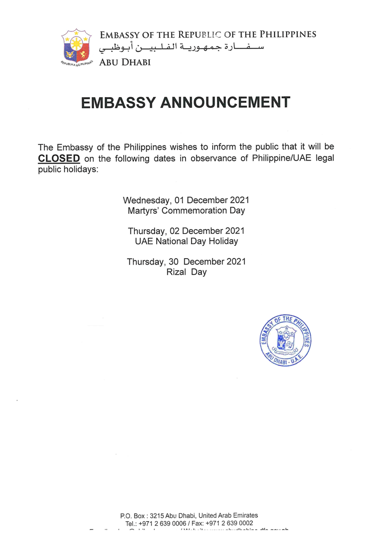 Embassy Announcement re Observance of Philippine and UAE Holidays in December 2021 with seal