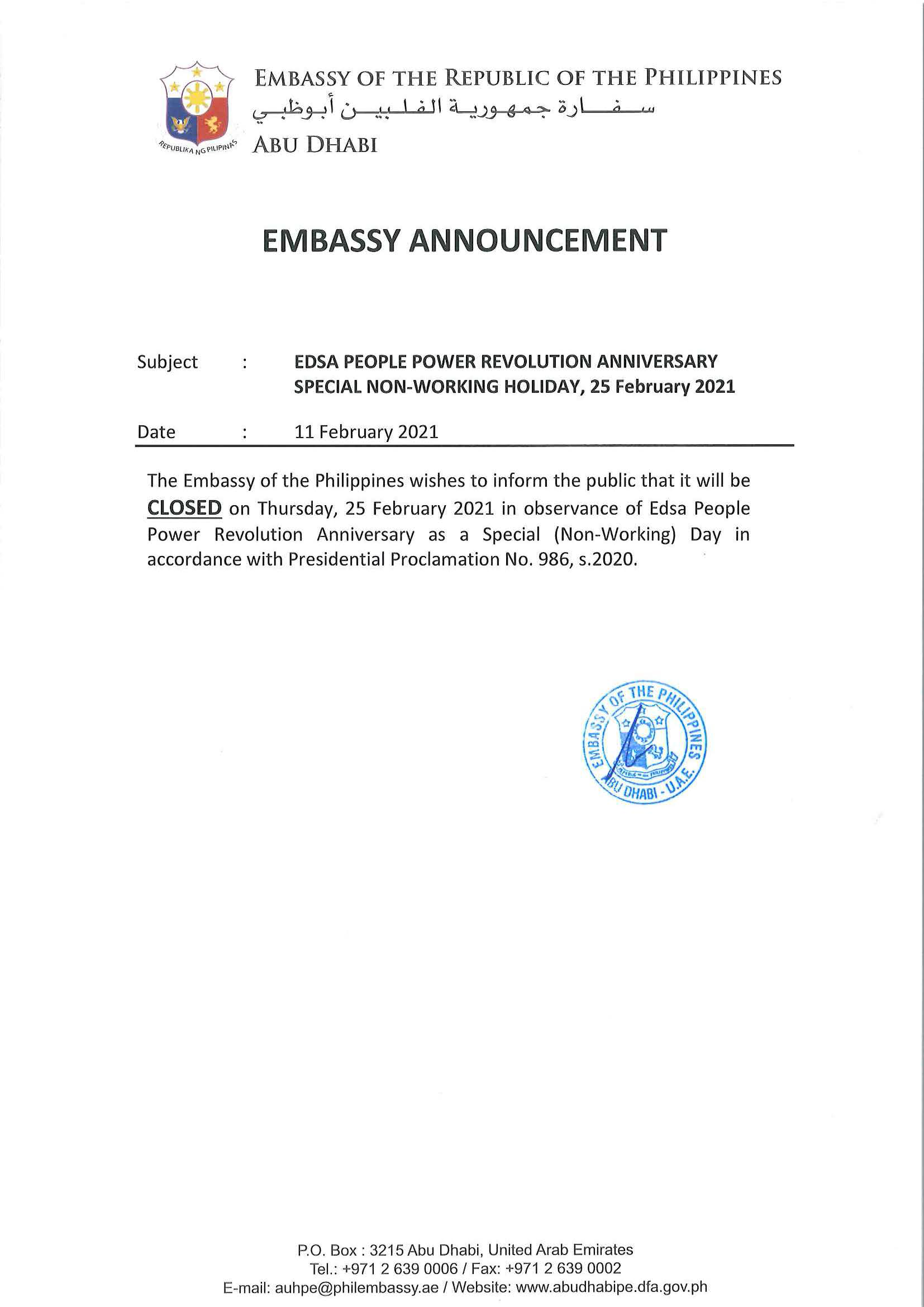 Embassy Announcement re Special Non Working Holiday 25 Feb 2021