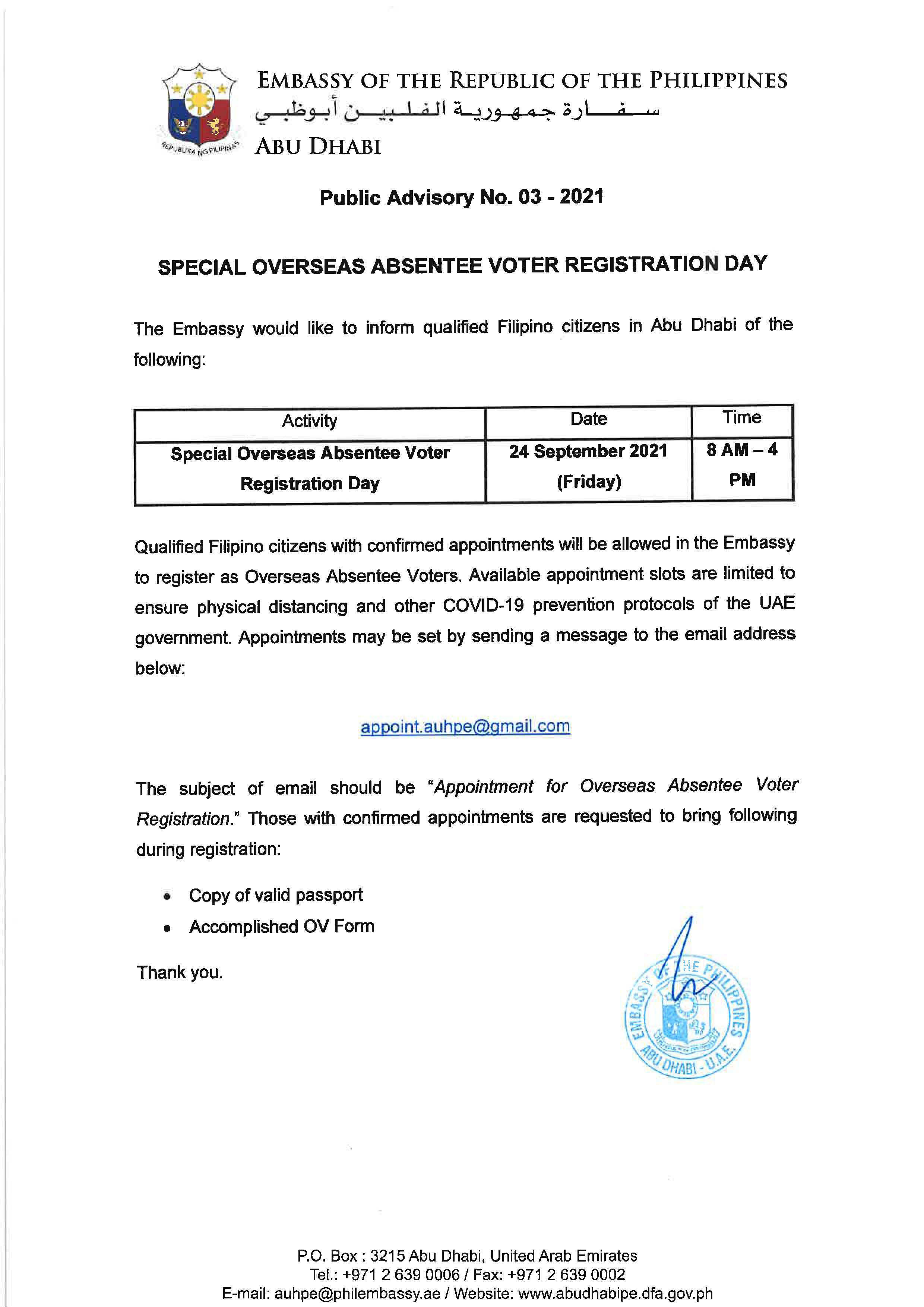 Public Advisory No. 03 2021 Special OAV Registration Day