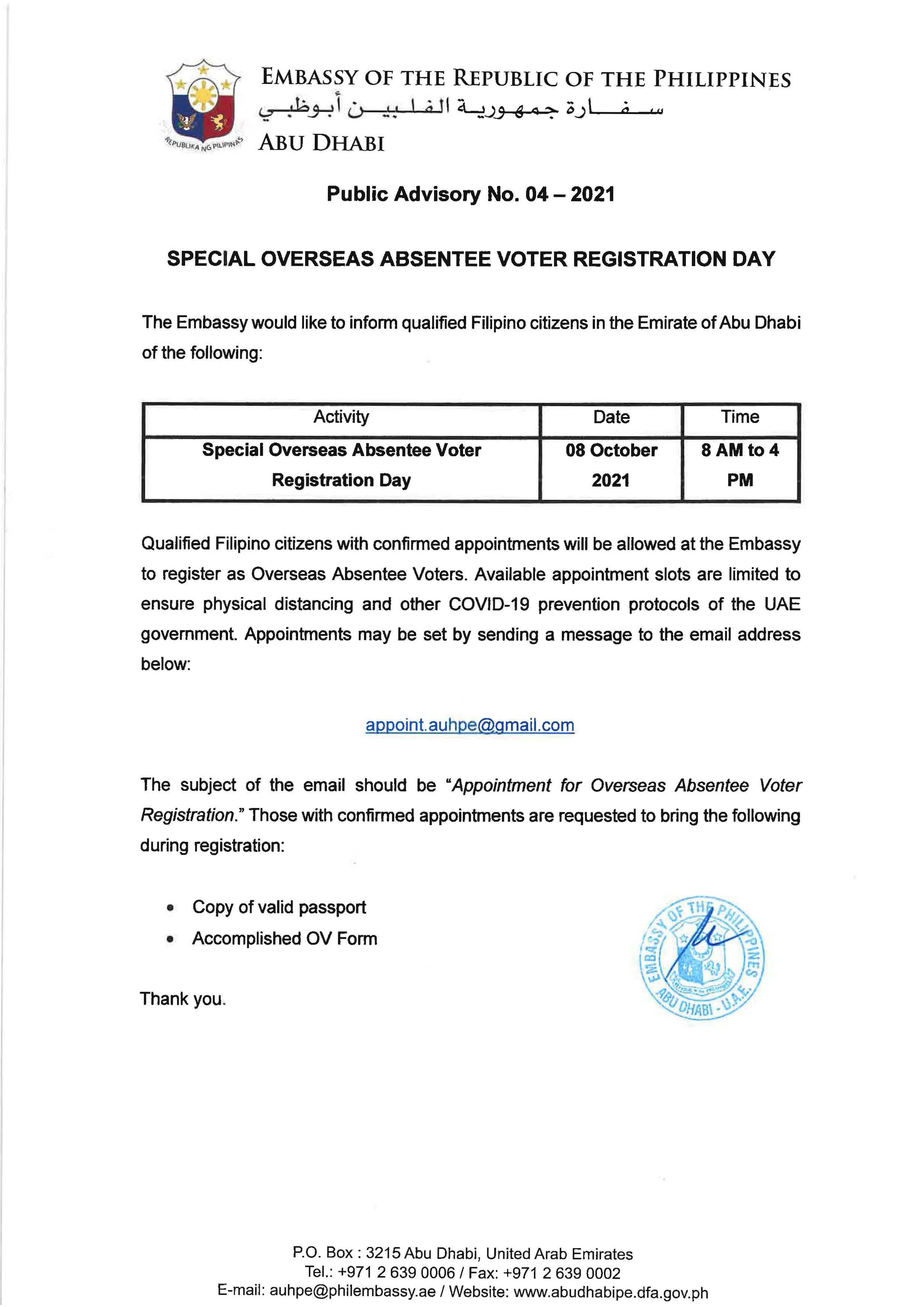 Public Advisory No. 04 2021 Special OAV Registration Day