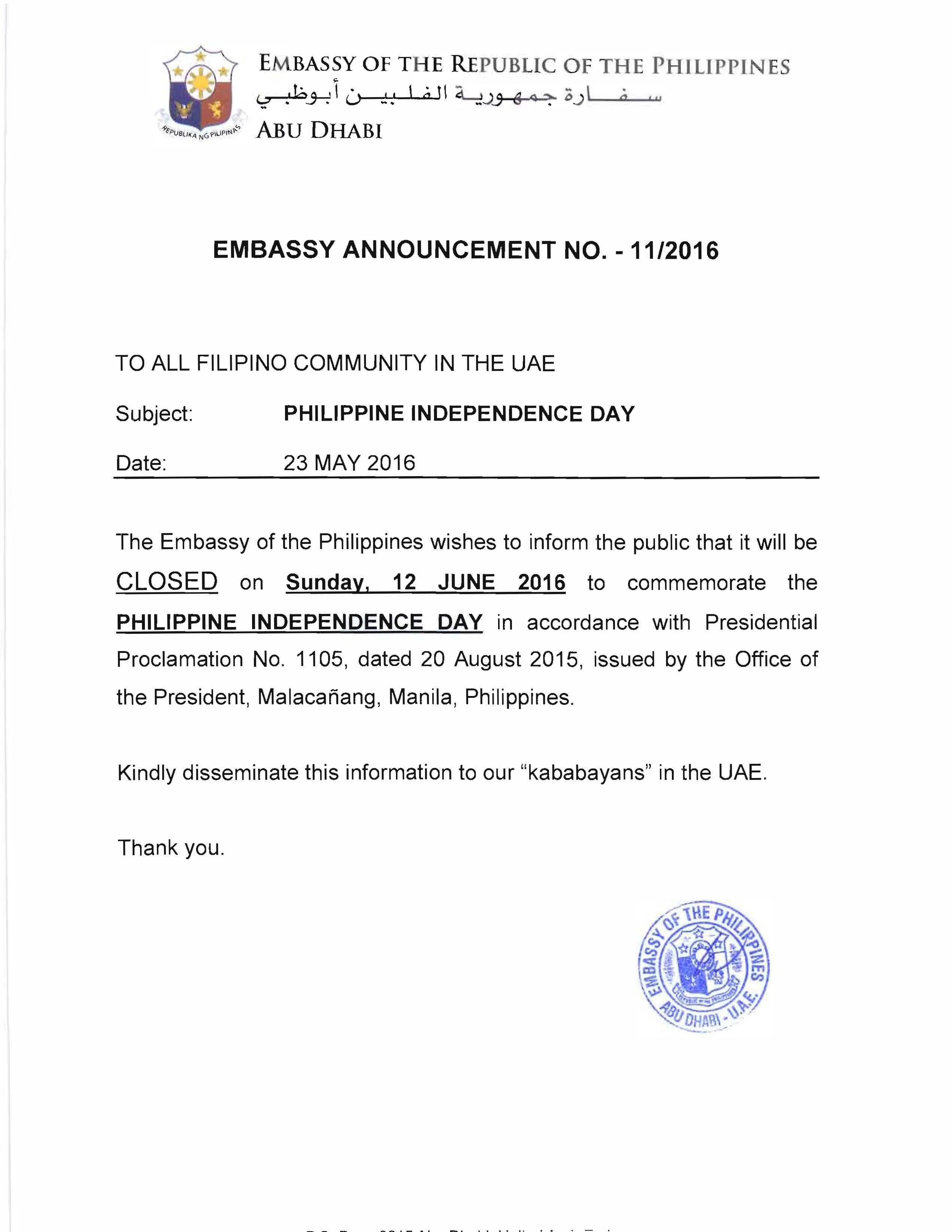 EMBASSY ANNOUNCEMENT NO. 11 2016