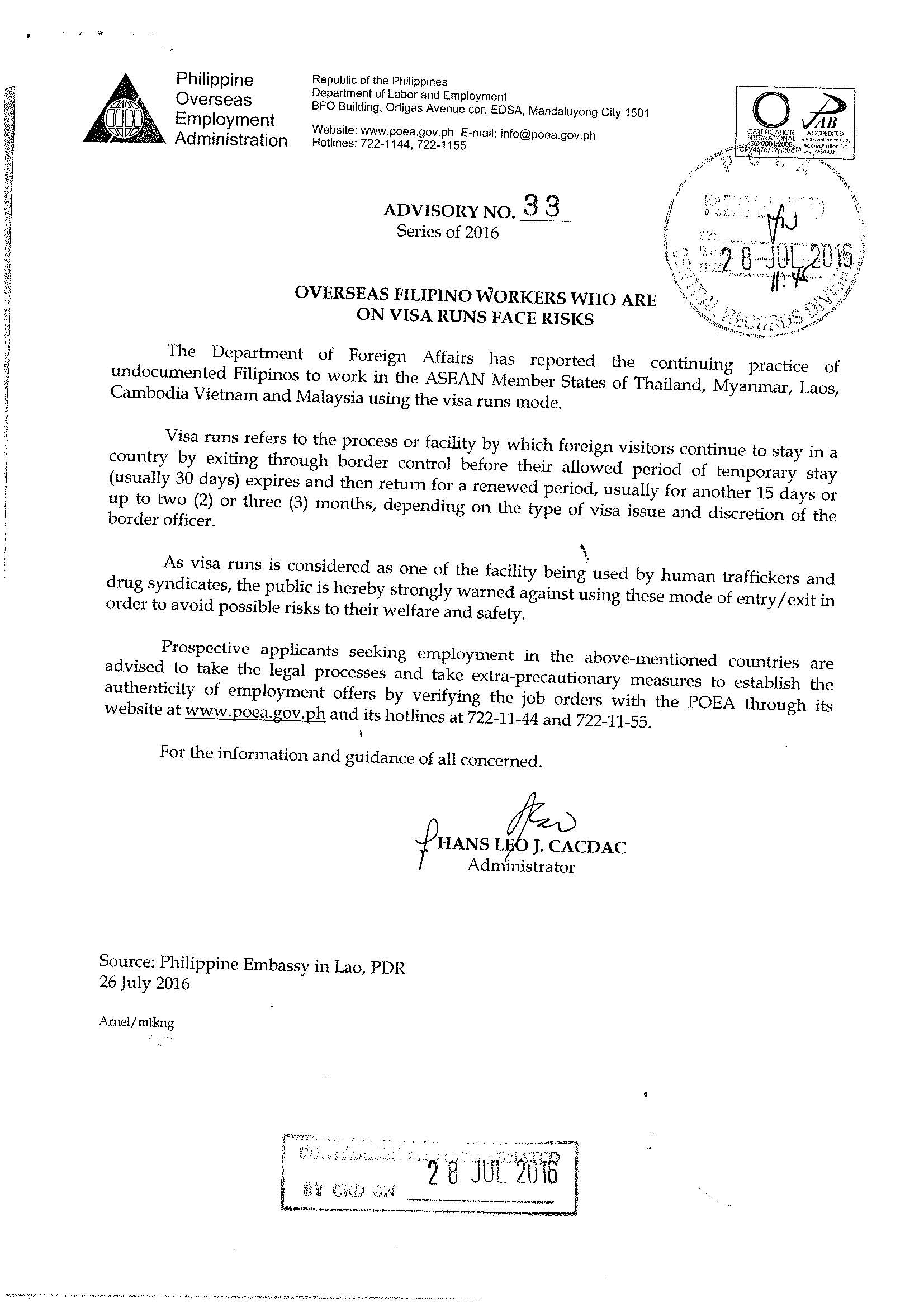 POEA Advisory No. 33 Series of 2016