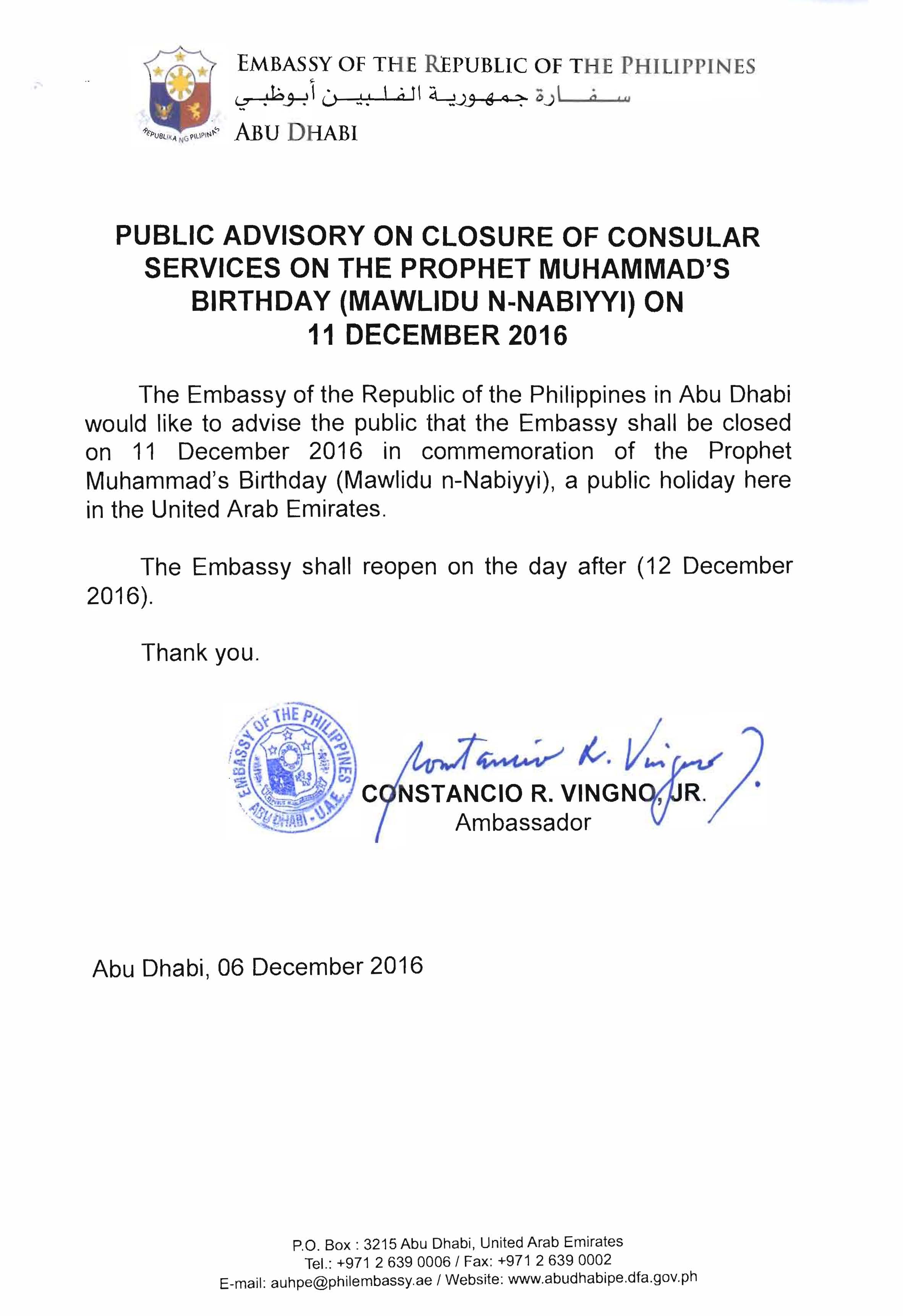 PUBLIC ADVISORY Closure of Consular Services on 11 December 2016
