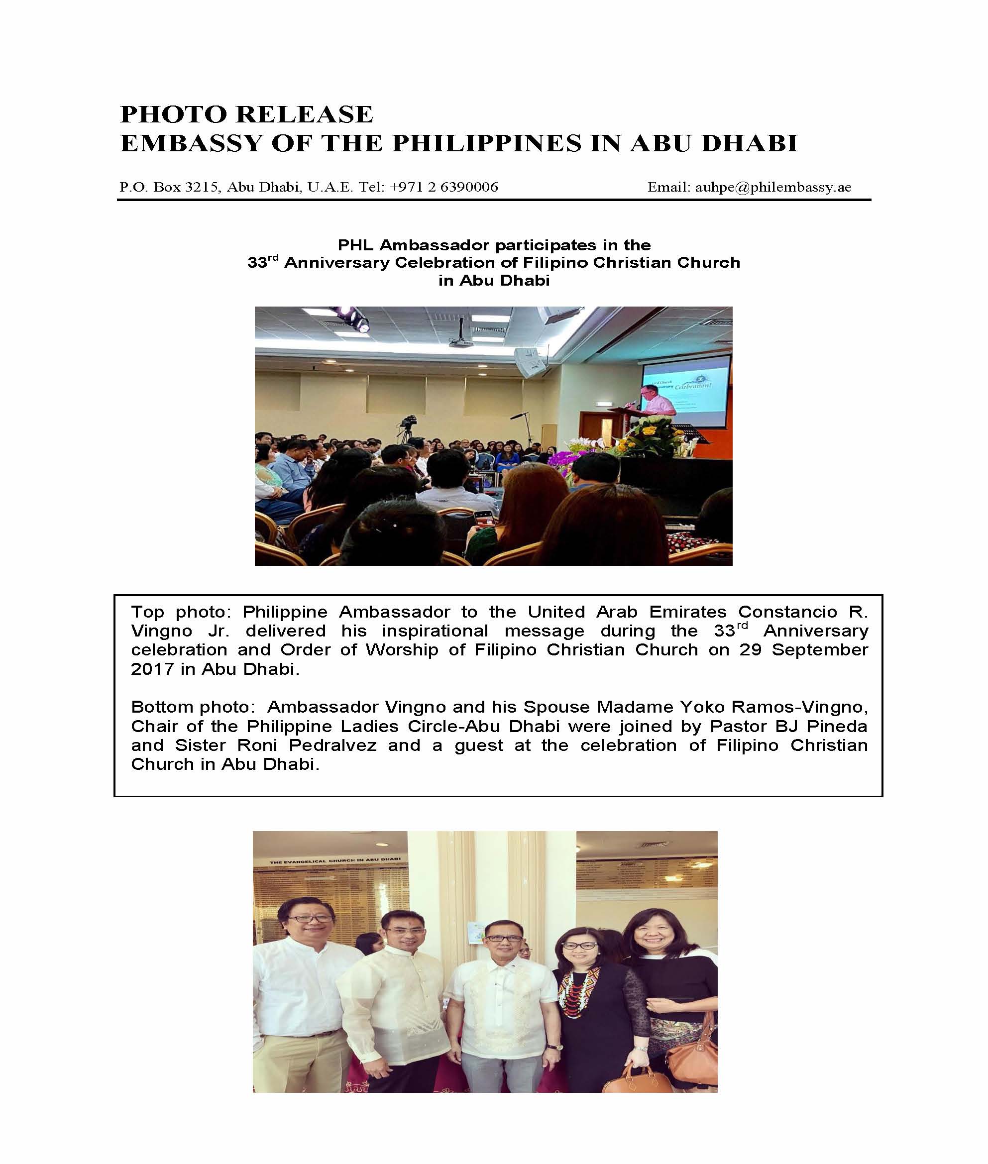 Photo Release 33rd Anniversary Order of Worship Filipino Christan Church
